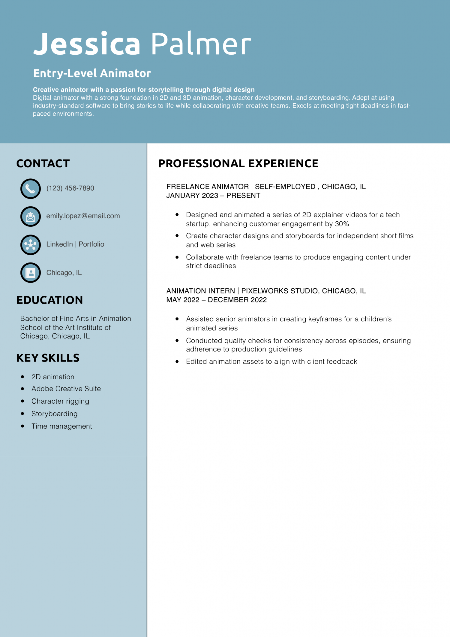 Entry-Level Animator Resume Example