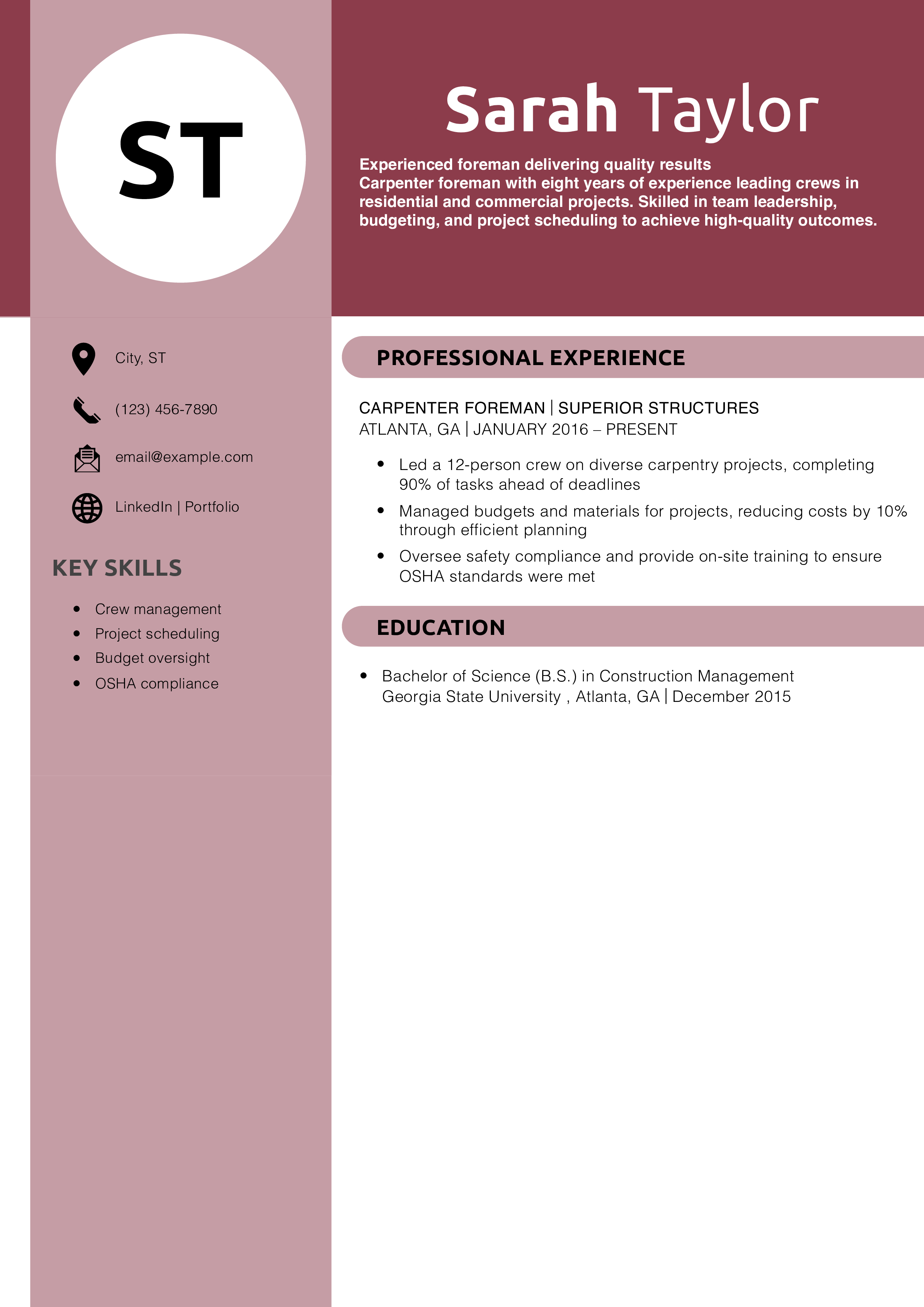 Carpenter foreman resume