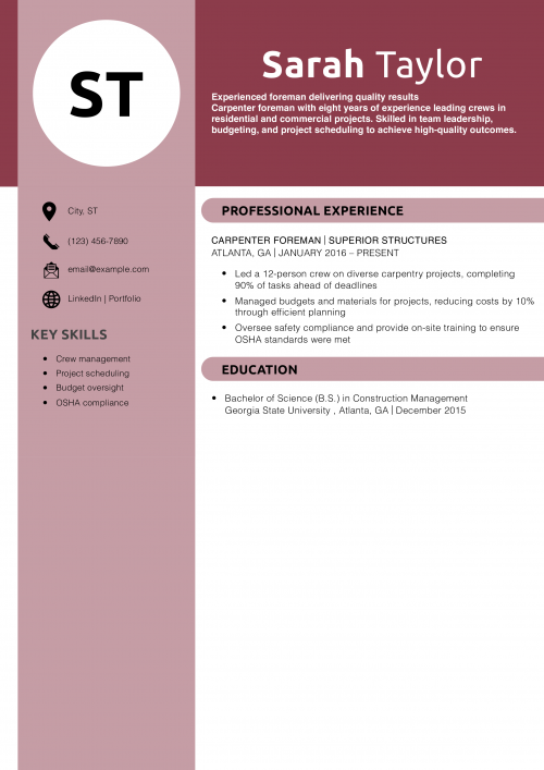 Carpenter foreman resume