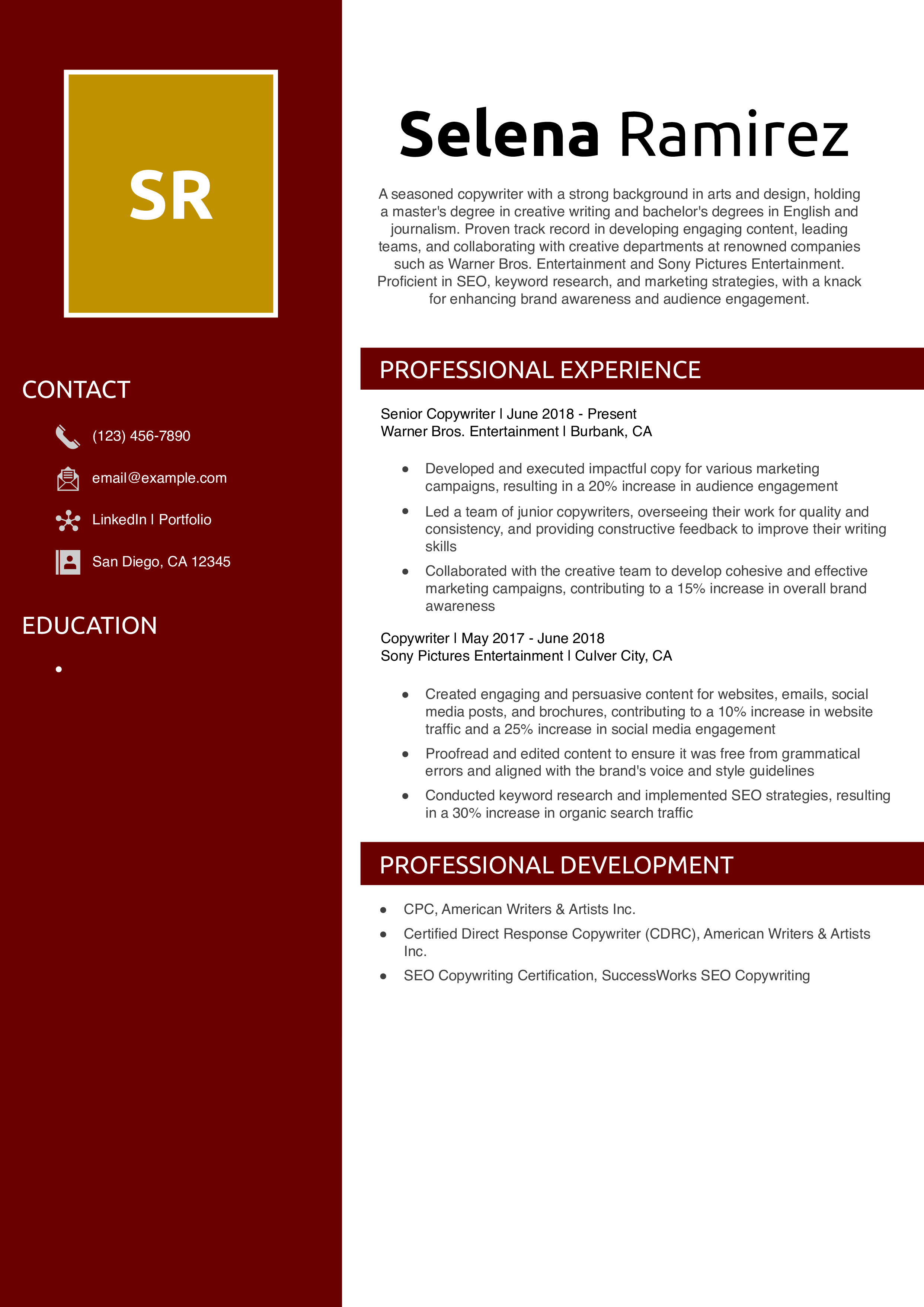Copywriter Resume Example