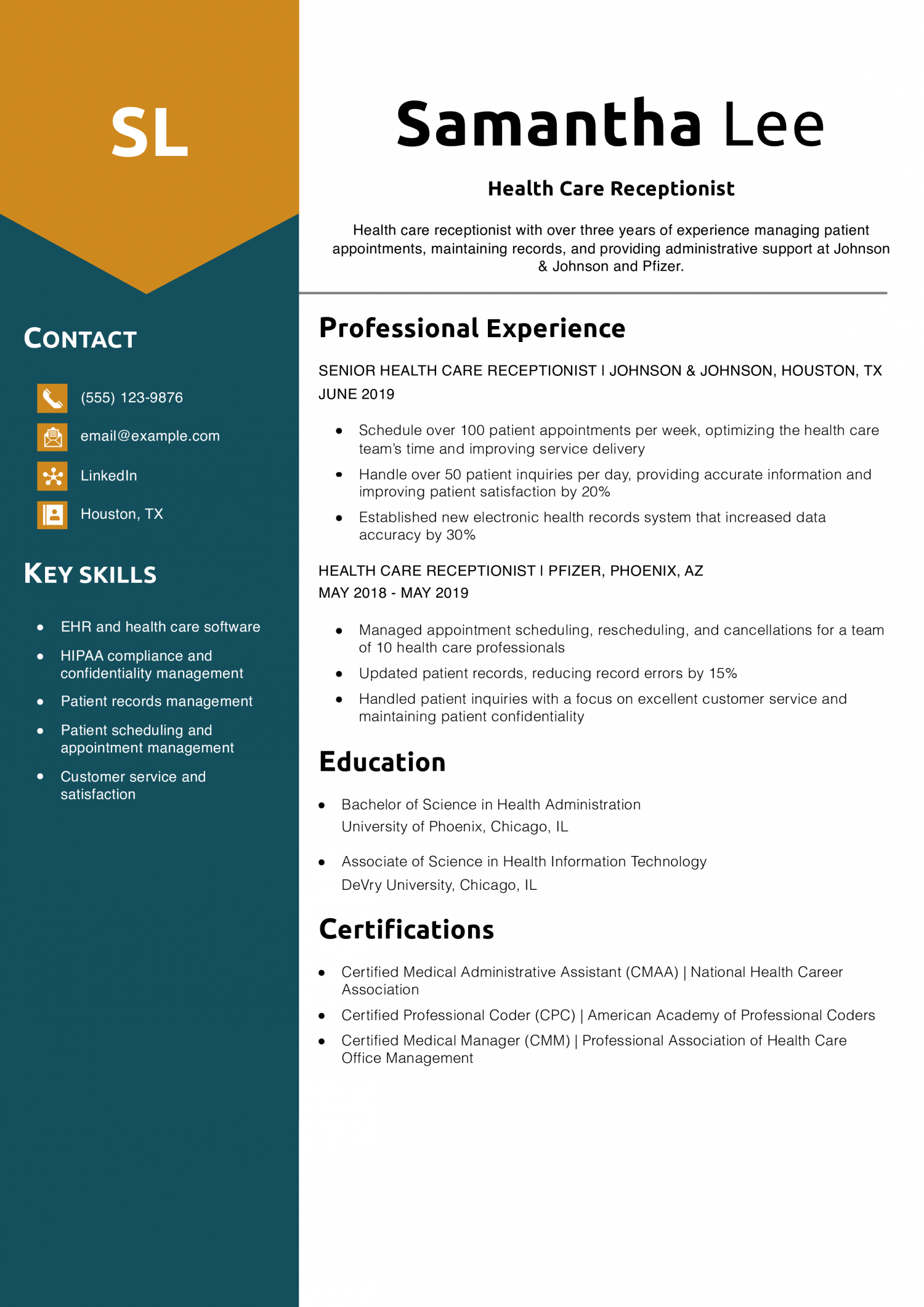 Health Care Receptionist Resume Example