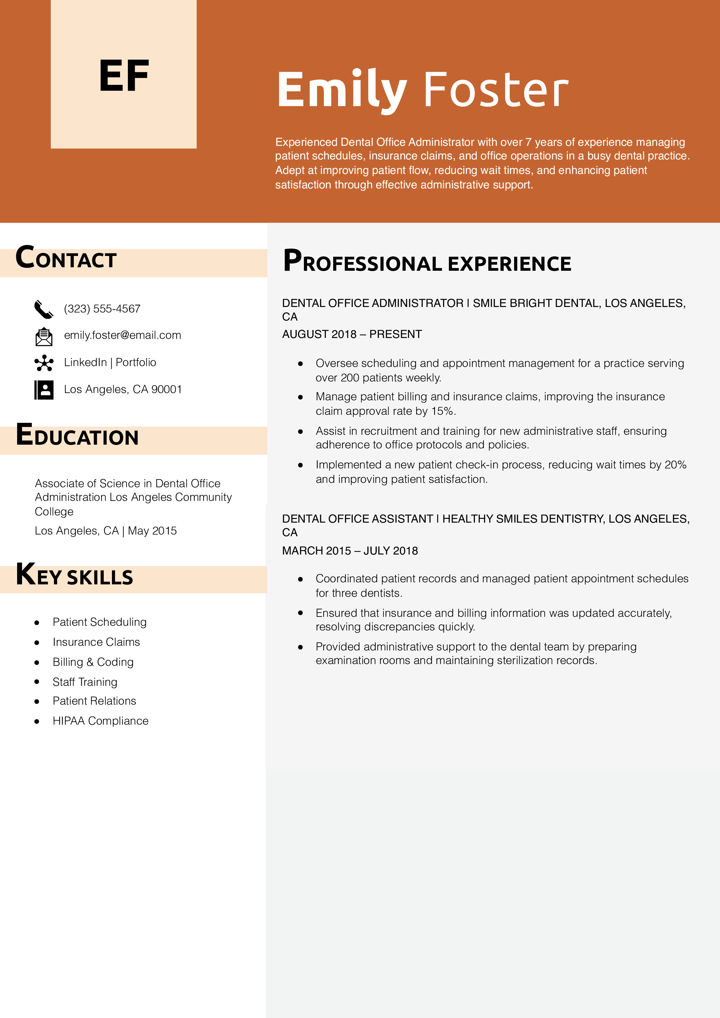 Dental Office Administrator Resume Example