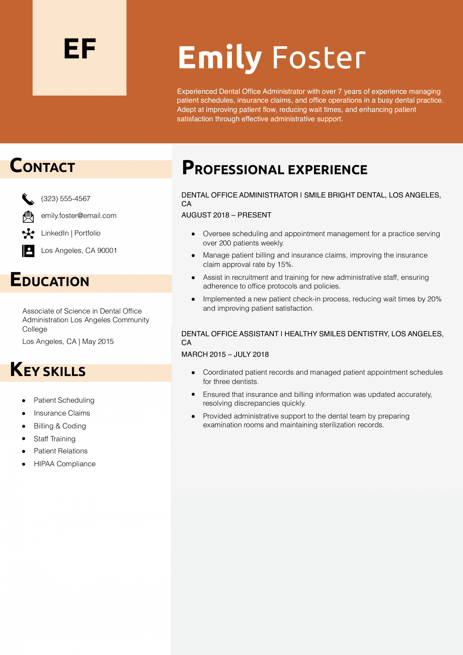 Dental Office Administrator Resume Example