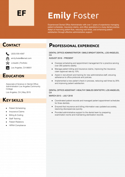 Dental Office Administrator Resume Example