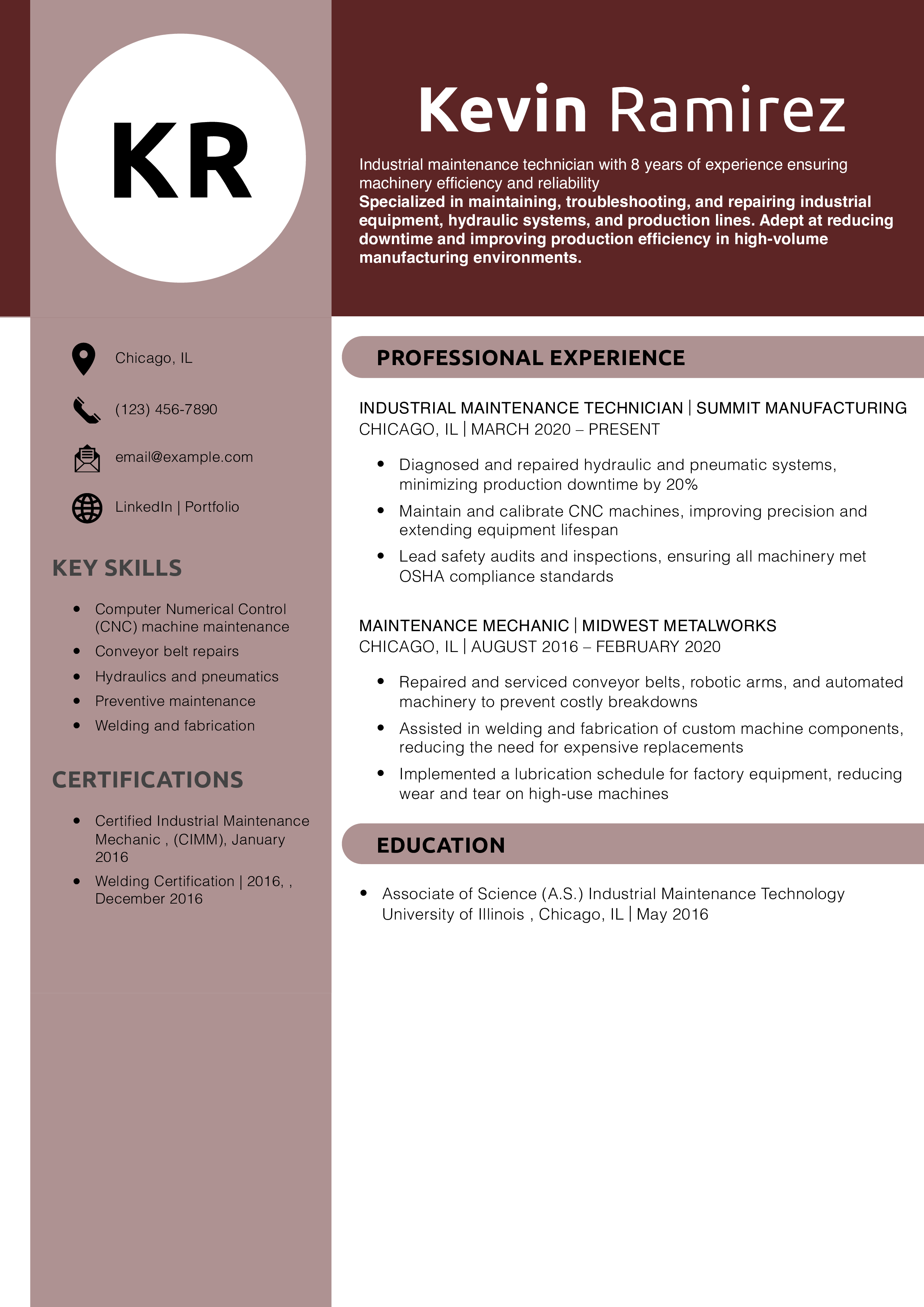 Industrial Maintenance Technician Resume Example