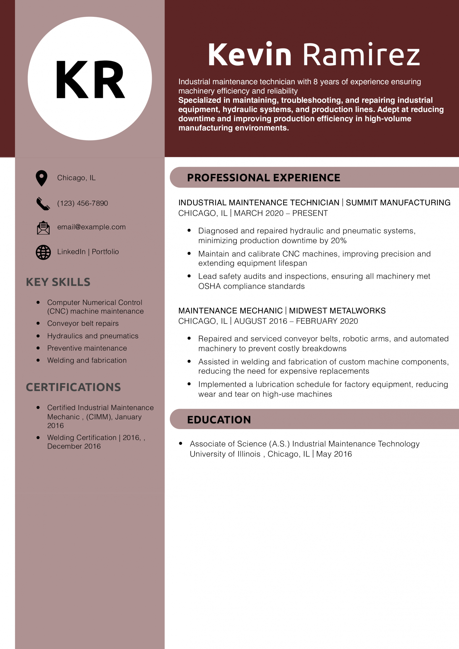 Industrial Maintenance Technician Resume Example