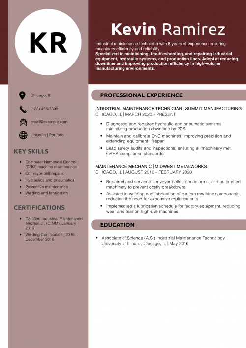 Industrial Maintenance Technician Resume Example