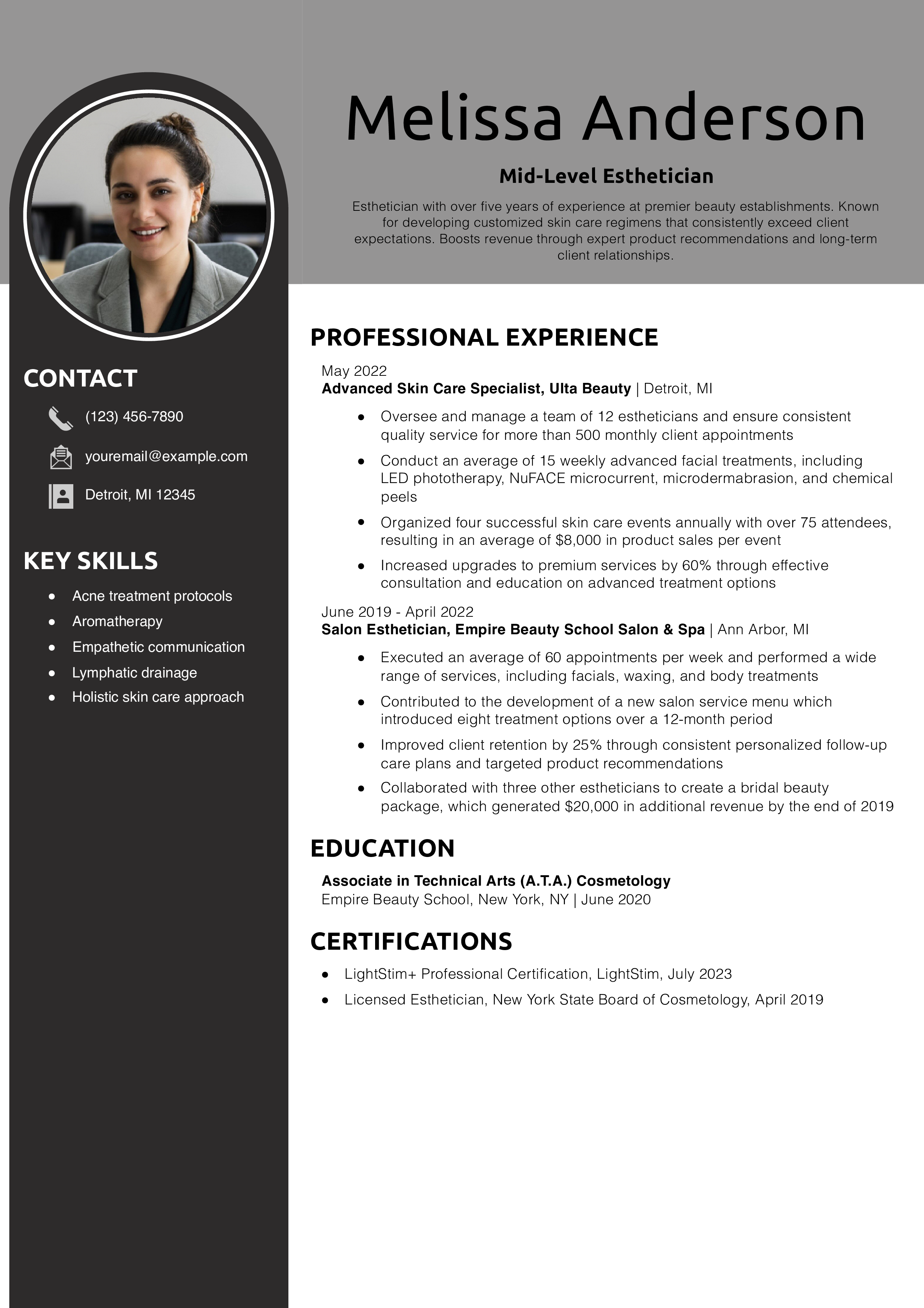 Mid-Level Esthetician Resume Example