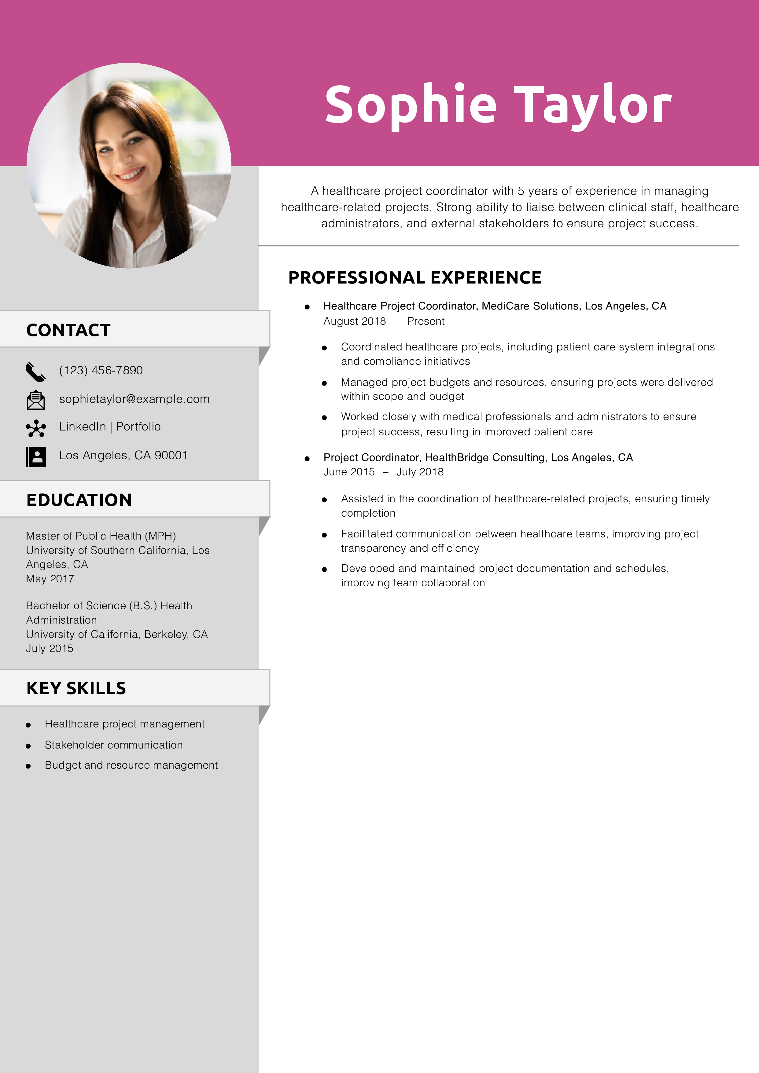 Healthcare Project Coordinator Resume Example