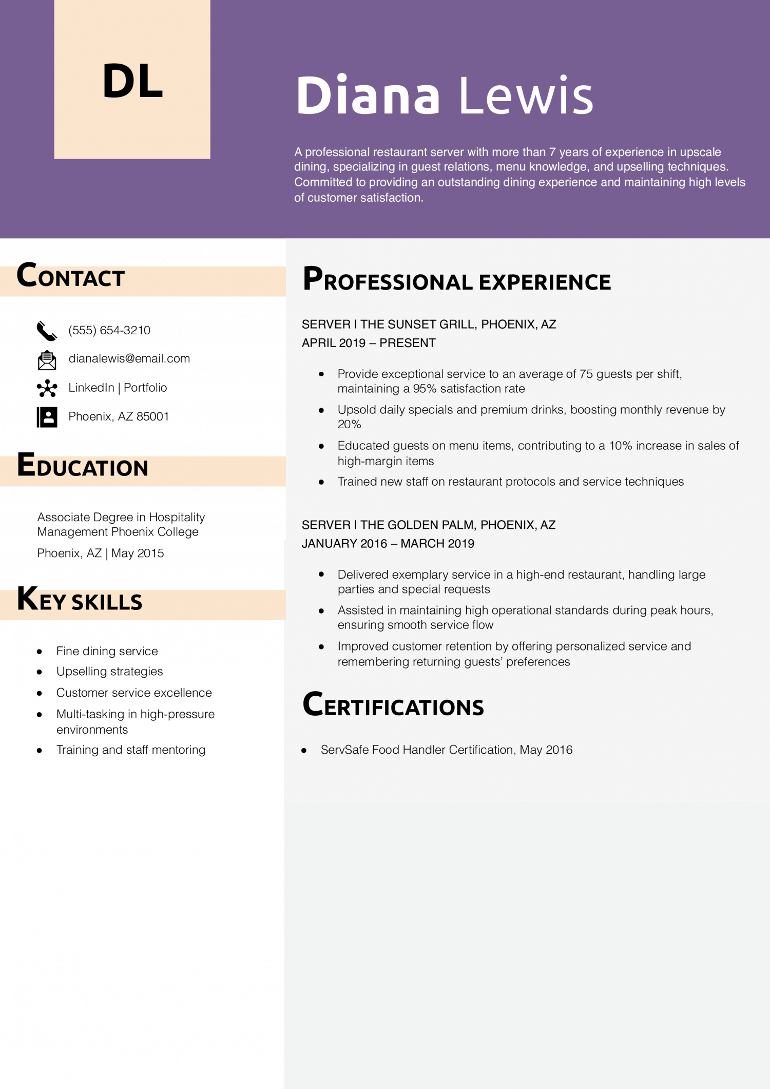 Professional Restaurant Server Resume Example