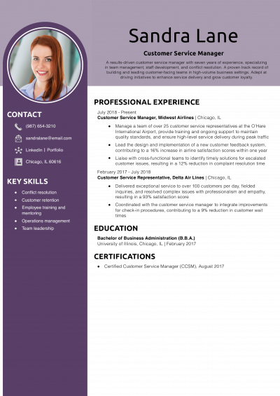 Customer Service Manager Resume Example