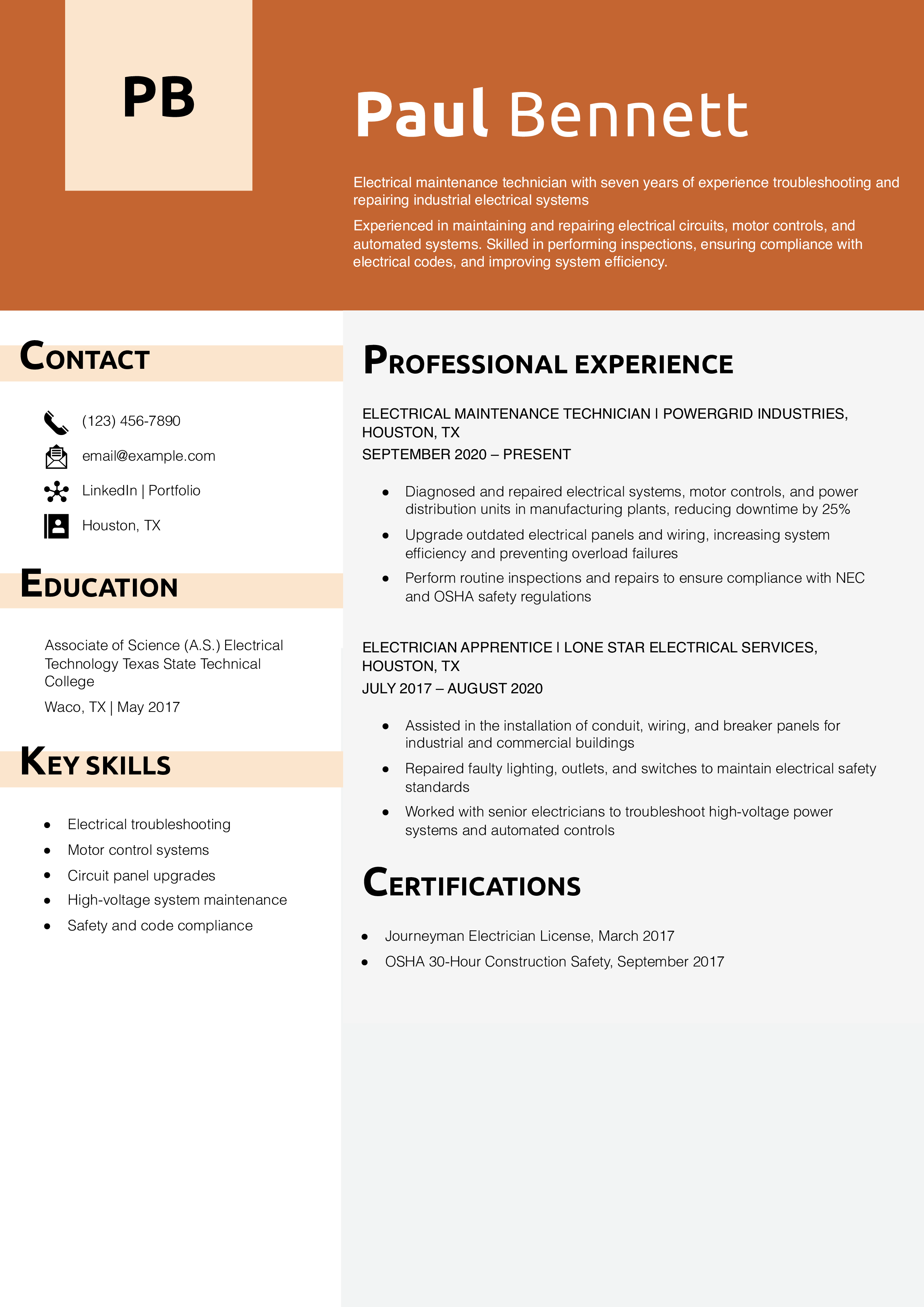 Electrical Maintenance Technician Resume Example