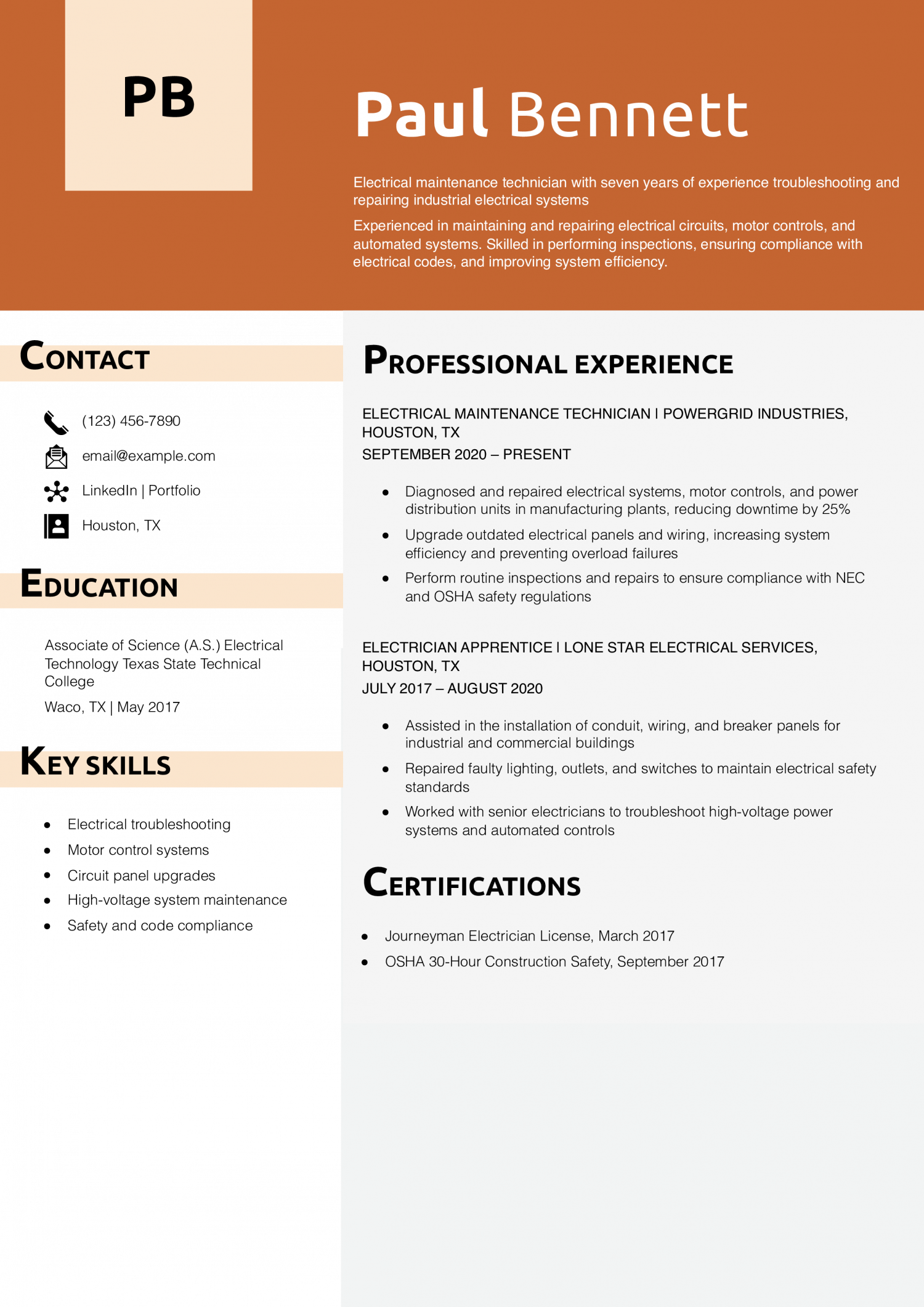 Electrical Maintenance Technician Resume Example