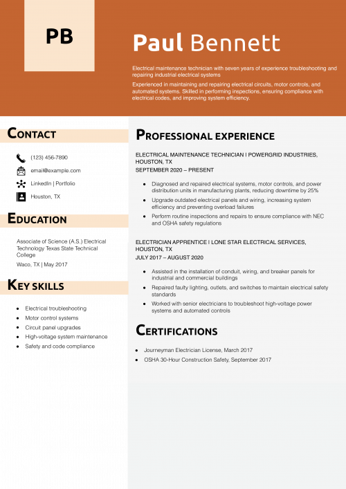 Electrical Maintenance Technician Resume Example