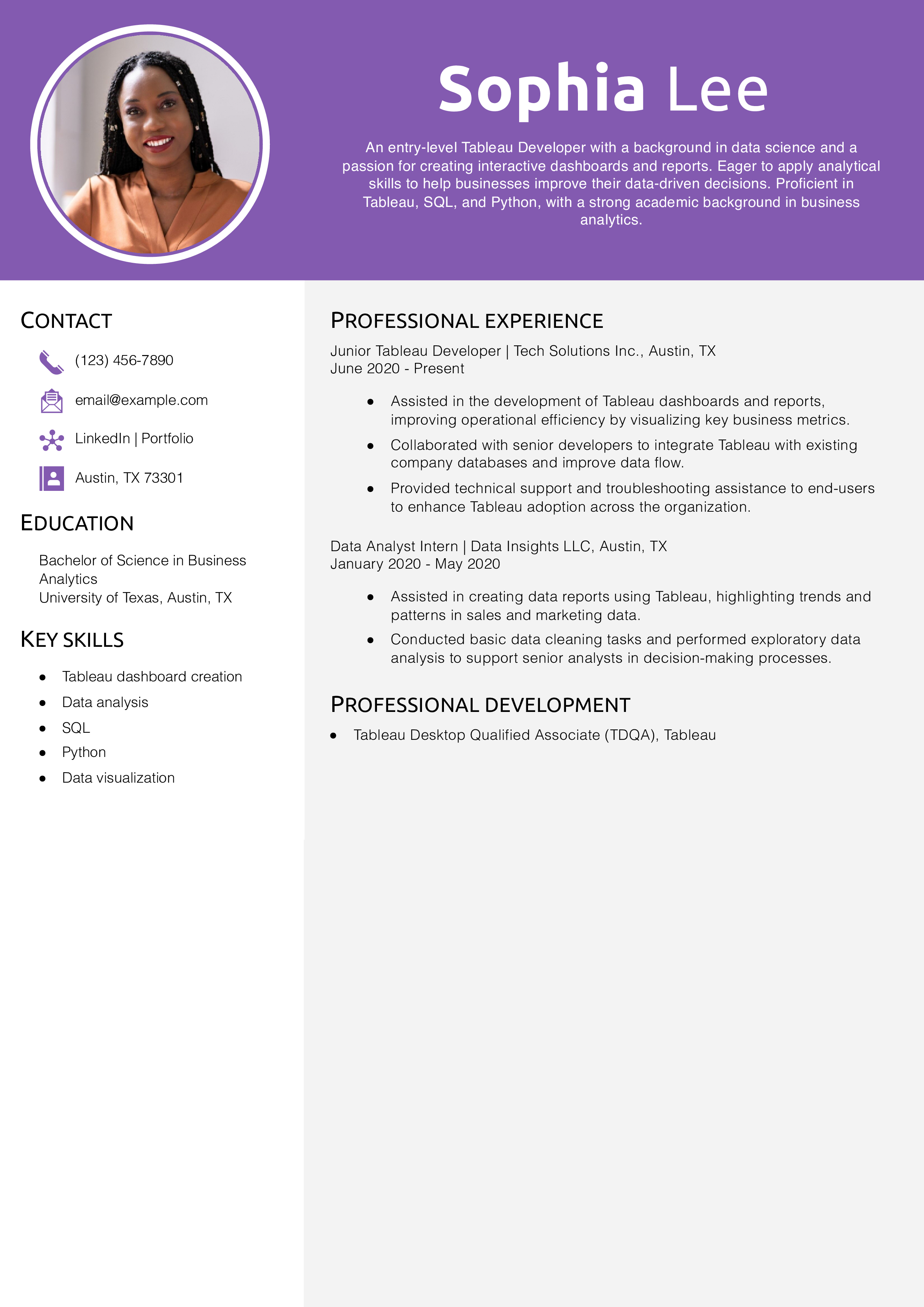 Entry-Level Tableau Developer Resume Example