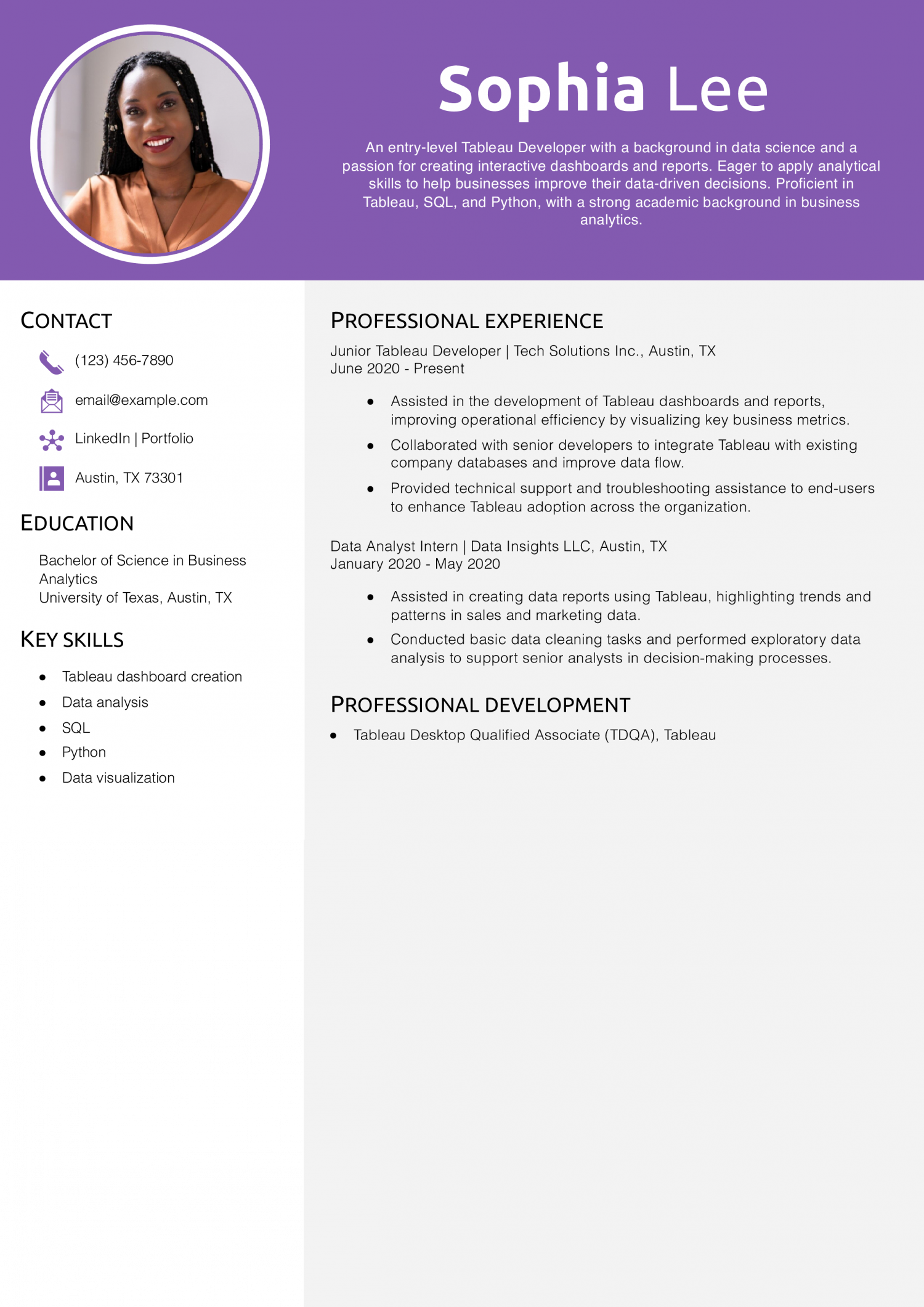 Entry-Level Tableau Developer Resume Example