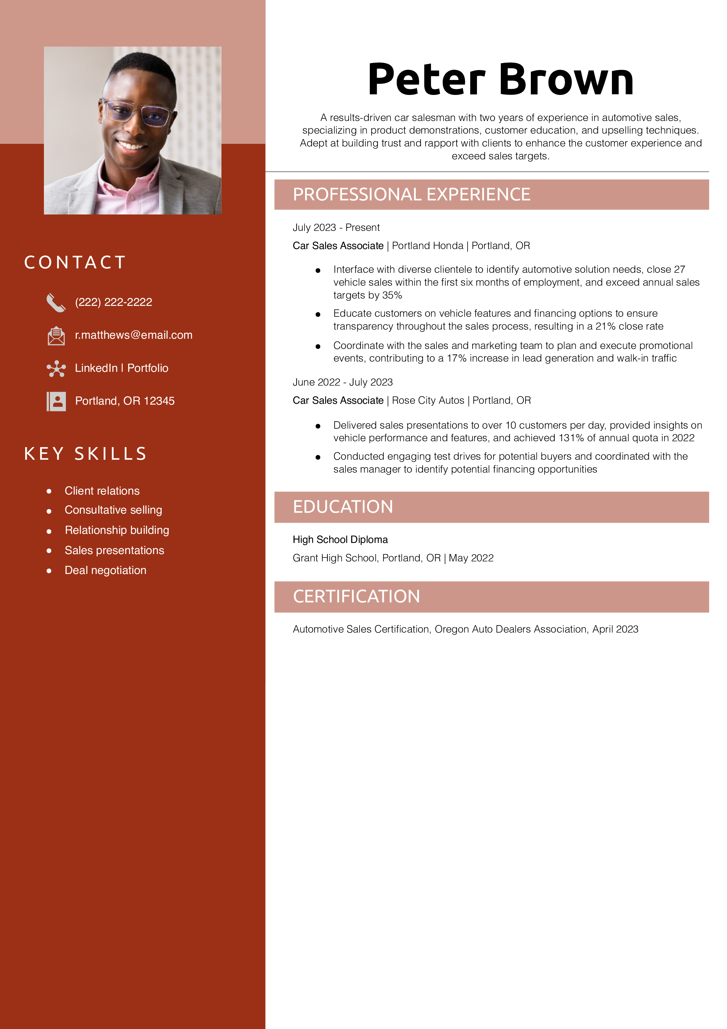 Entry-Level Car Salesman Resume Example