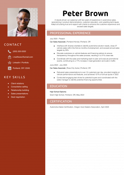  Entry-Level Car Salesman Resume Example