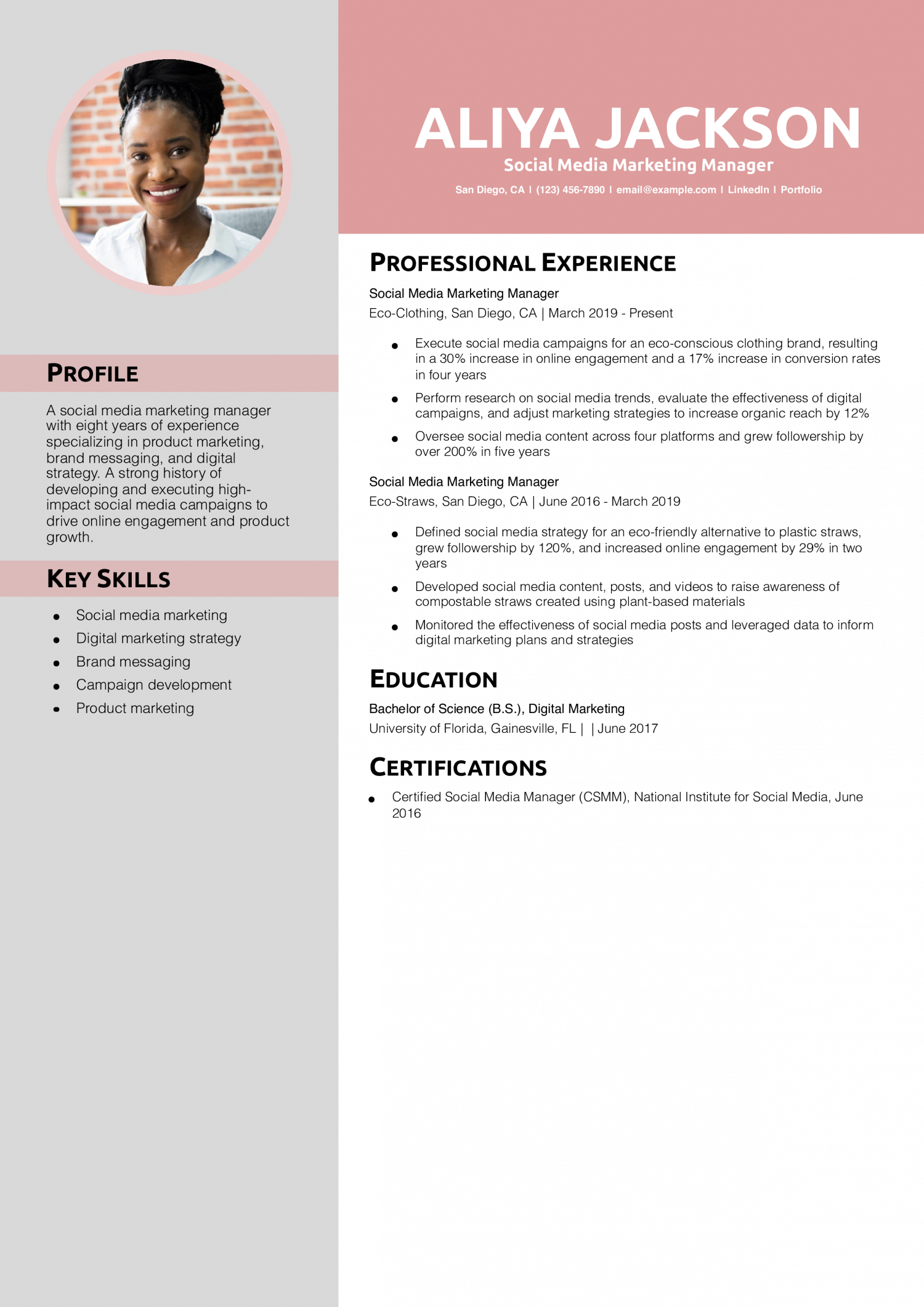 Social Media Marketing Manager Resume Example