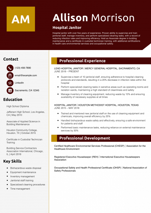 Hospital Janitor Resume Example