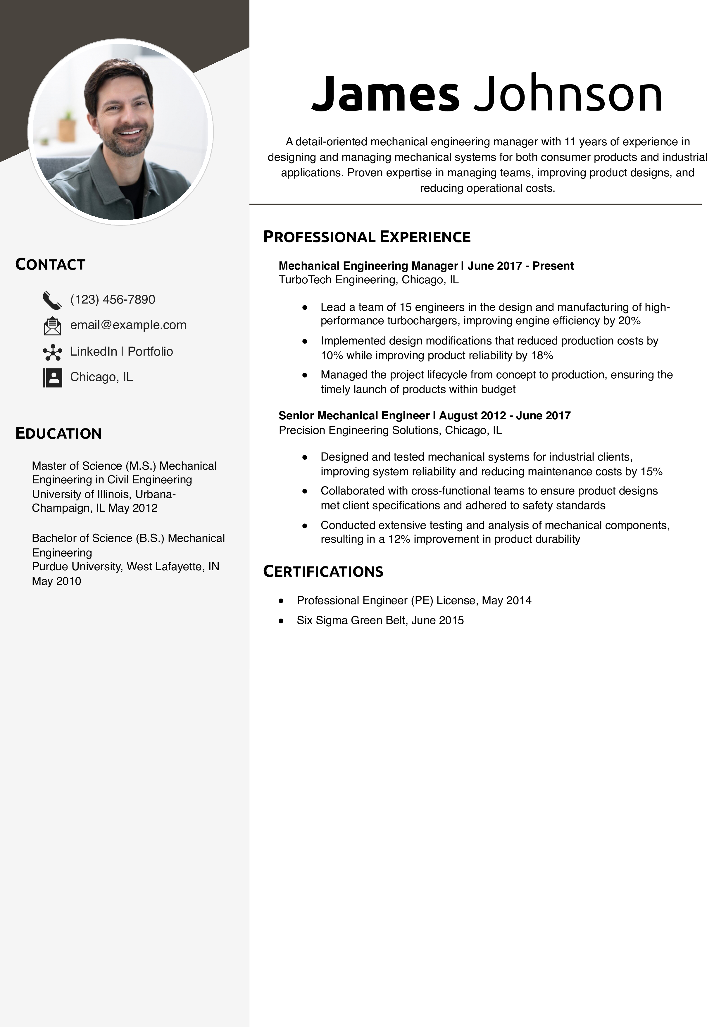 Mechanical Engineering Manager Resume Example