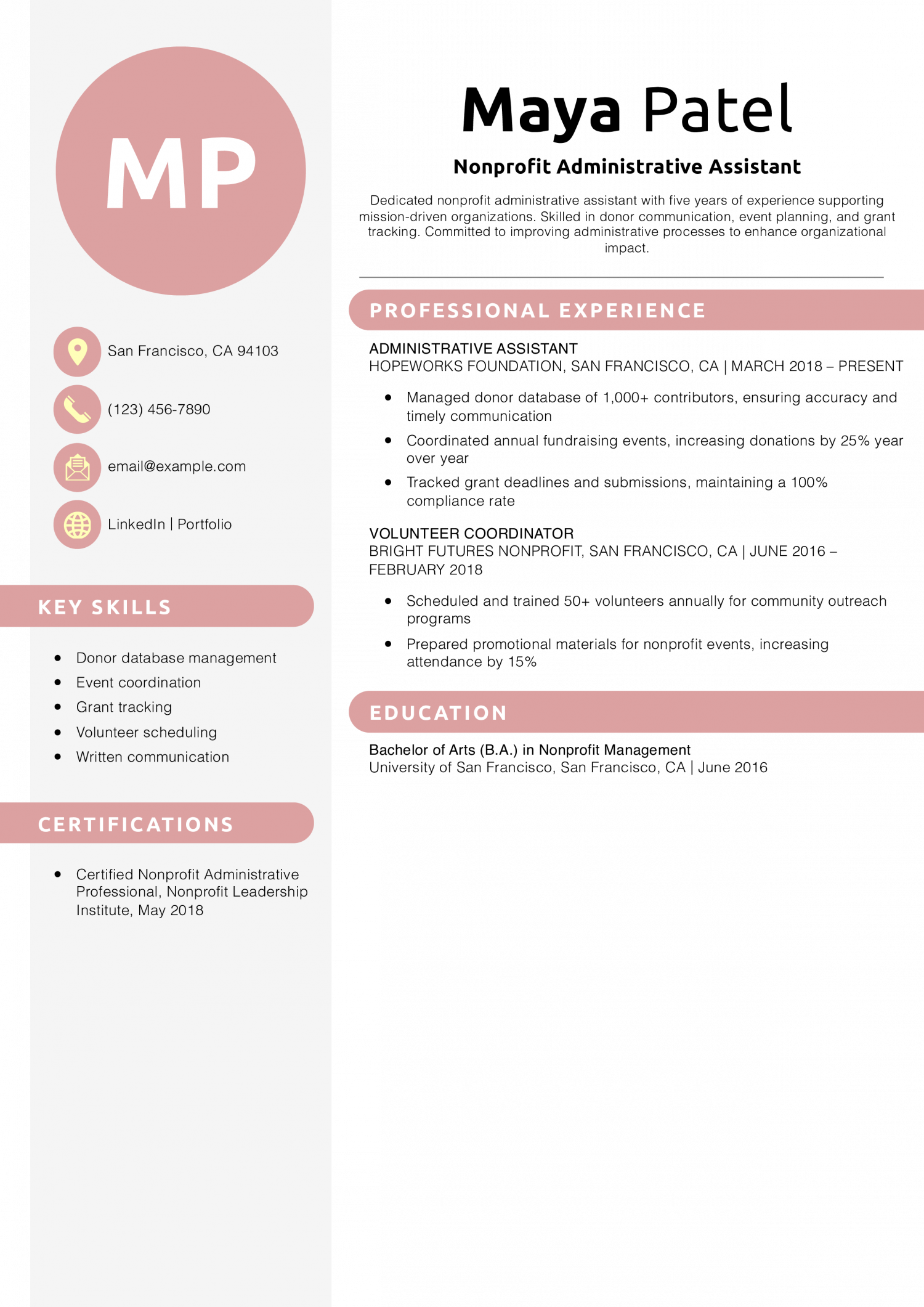 Nonprofit Administrative Assistant Resume Example