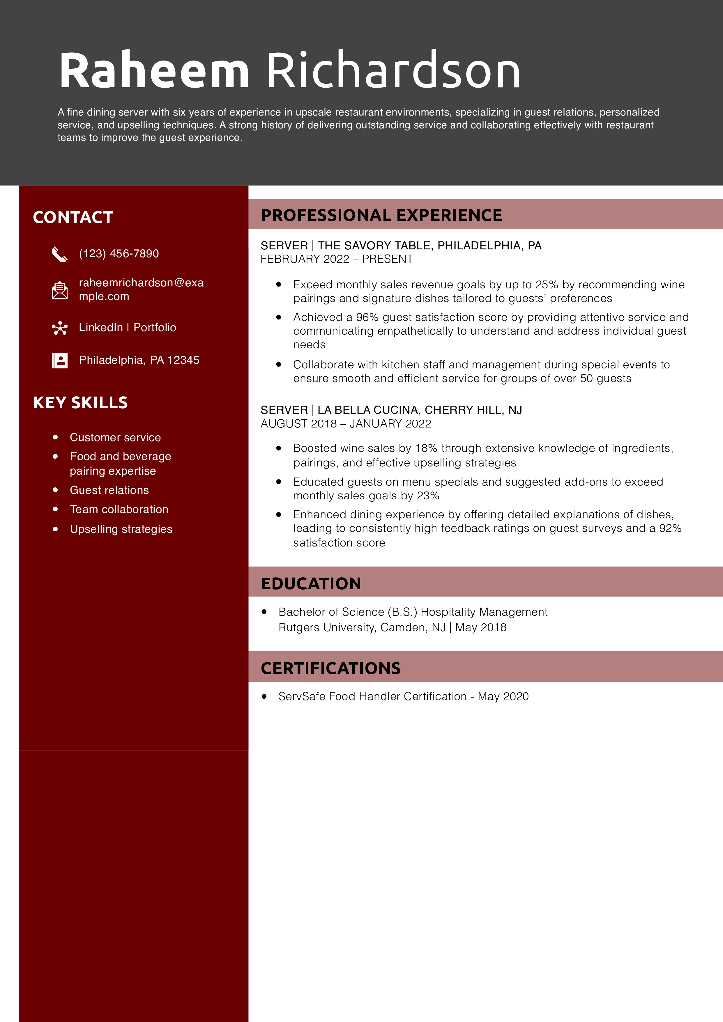 Fine Dining Restaurant Server