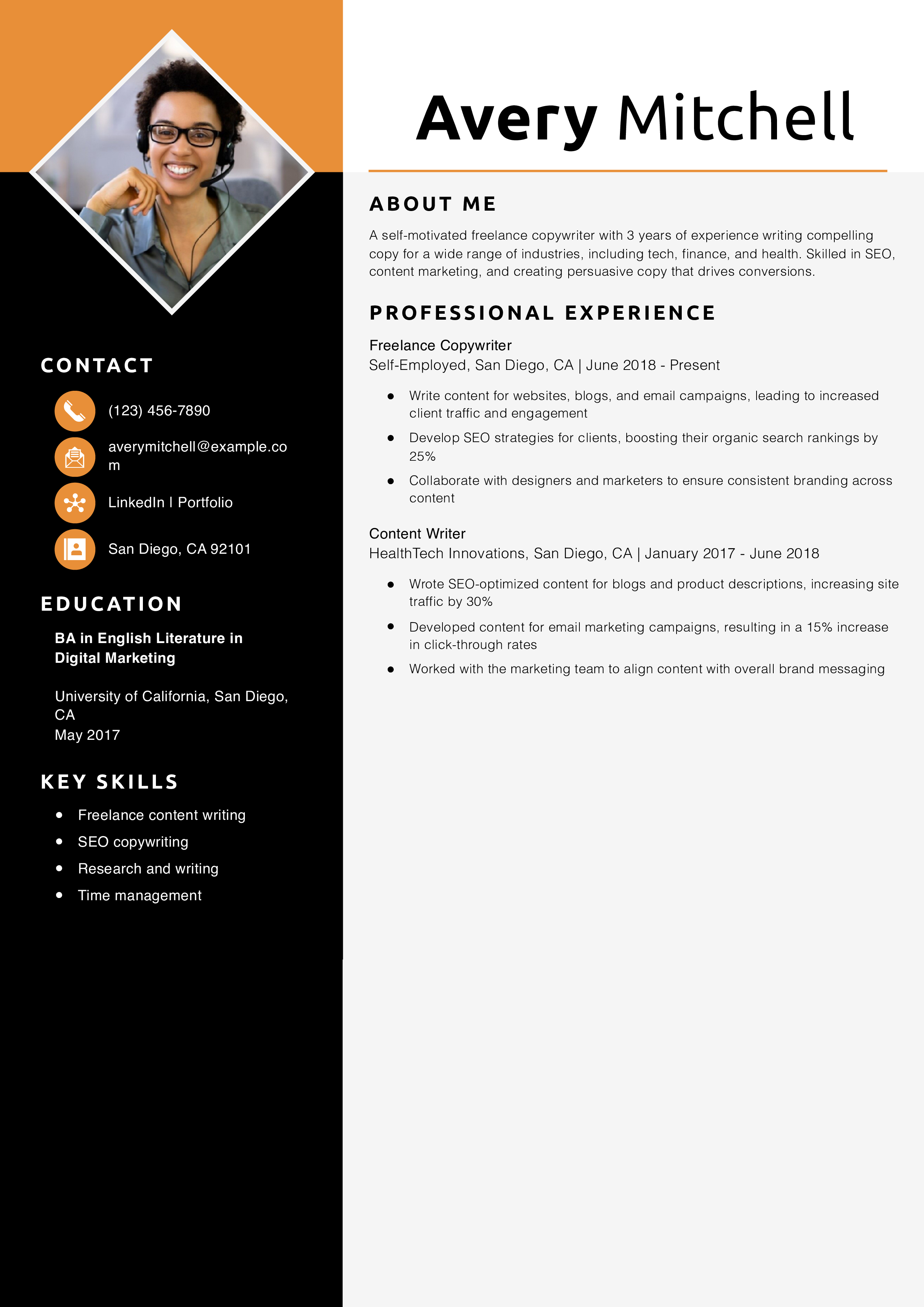 Freelance Copywriter Resume Example