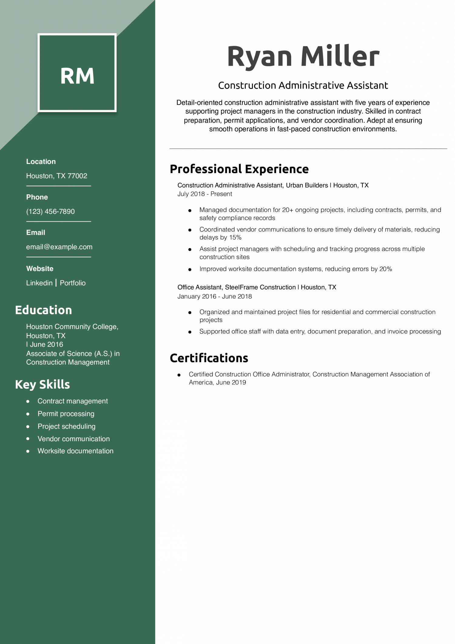 Construction Administrative Assistant Resume Example
