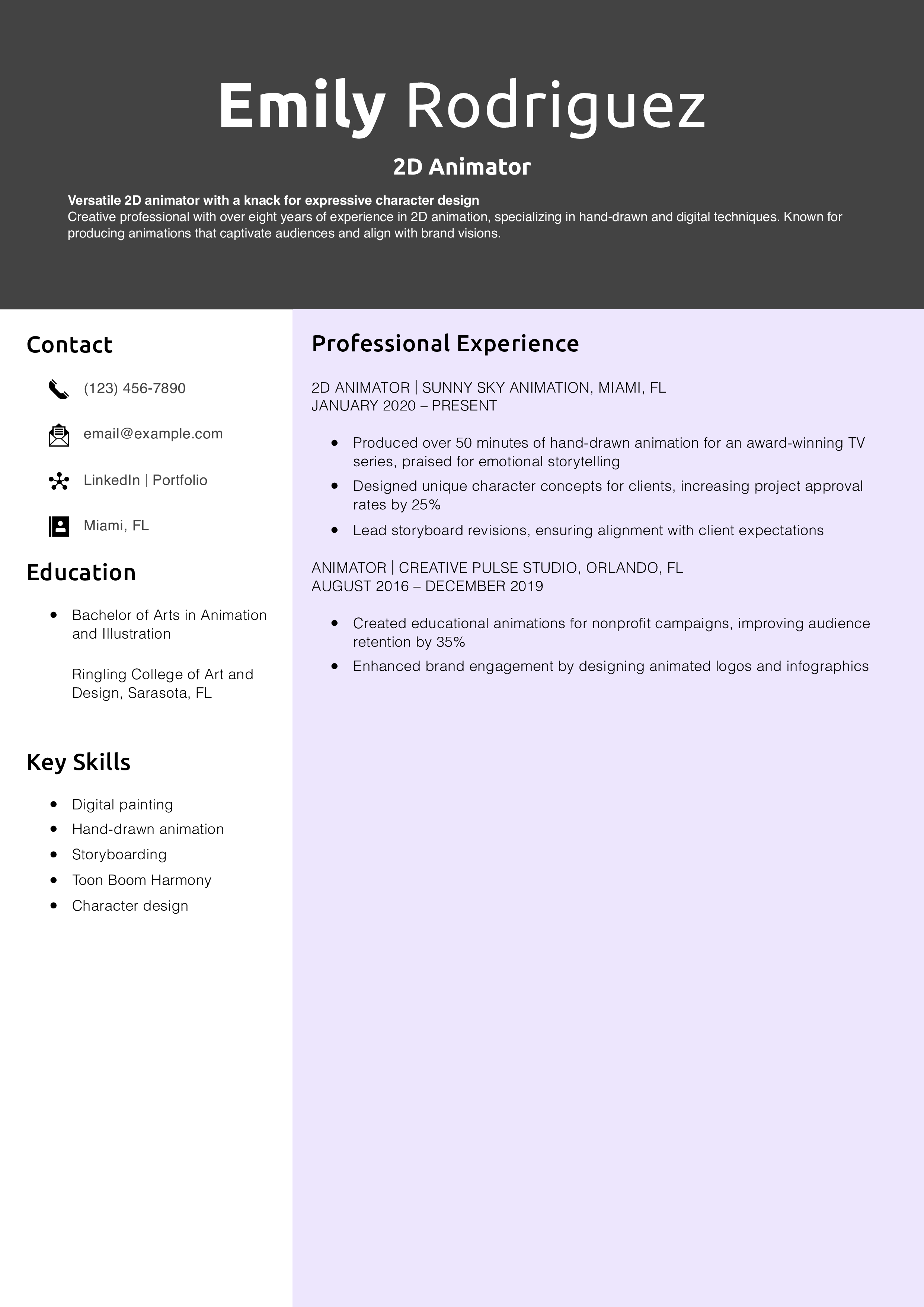 2D Animator Resume Example