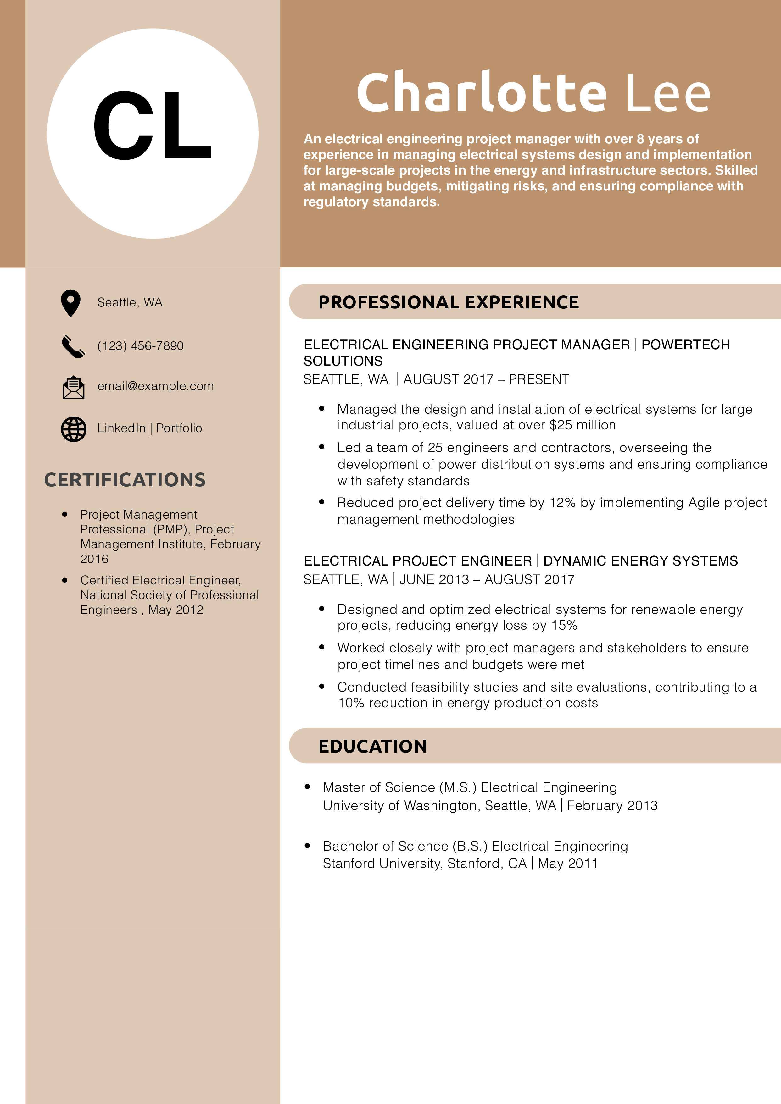 Electrical Engineering Project Manager Resume Example