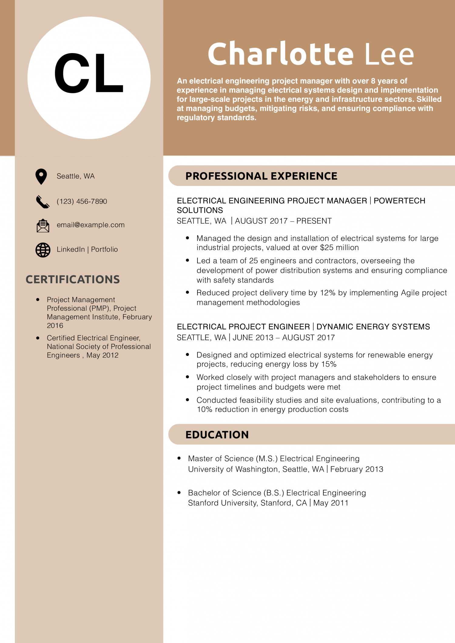Electrical Engineering Project Manager Resume Example