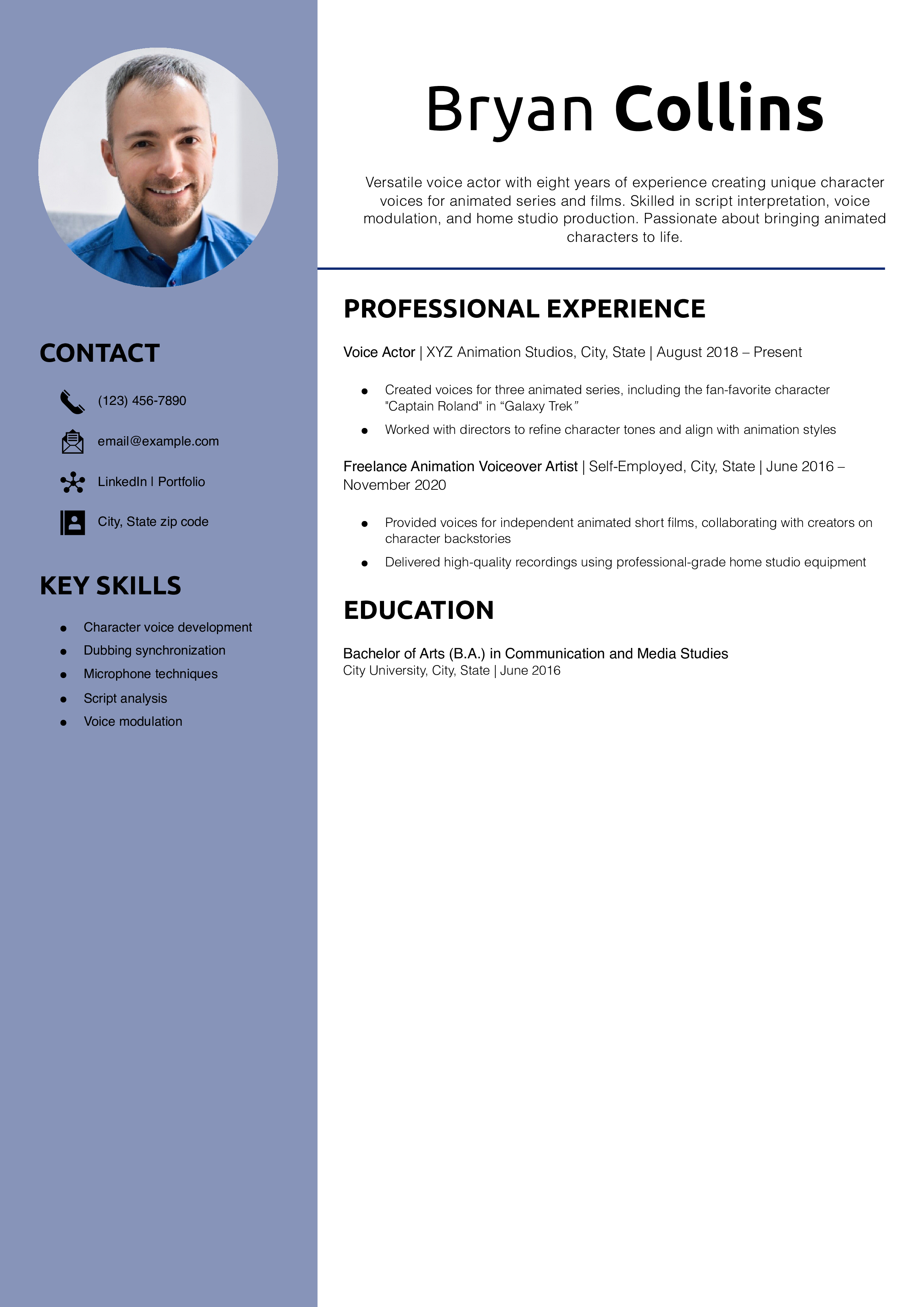 Animation Voice Actor Resume Example