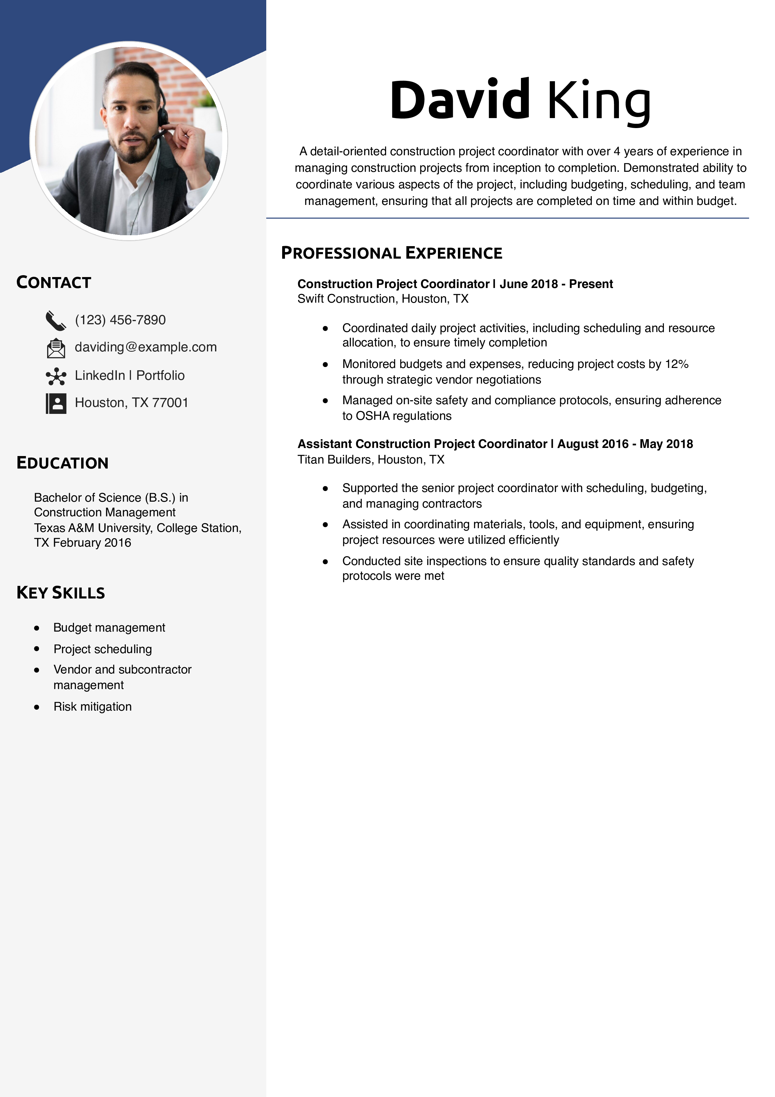 Construction Project Coordinator Resume Example