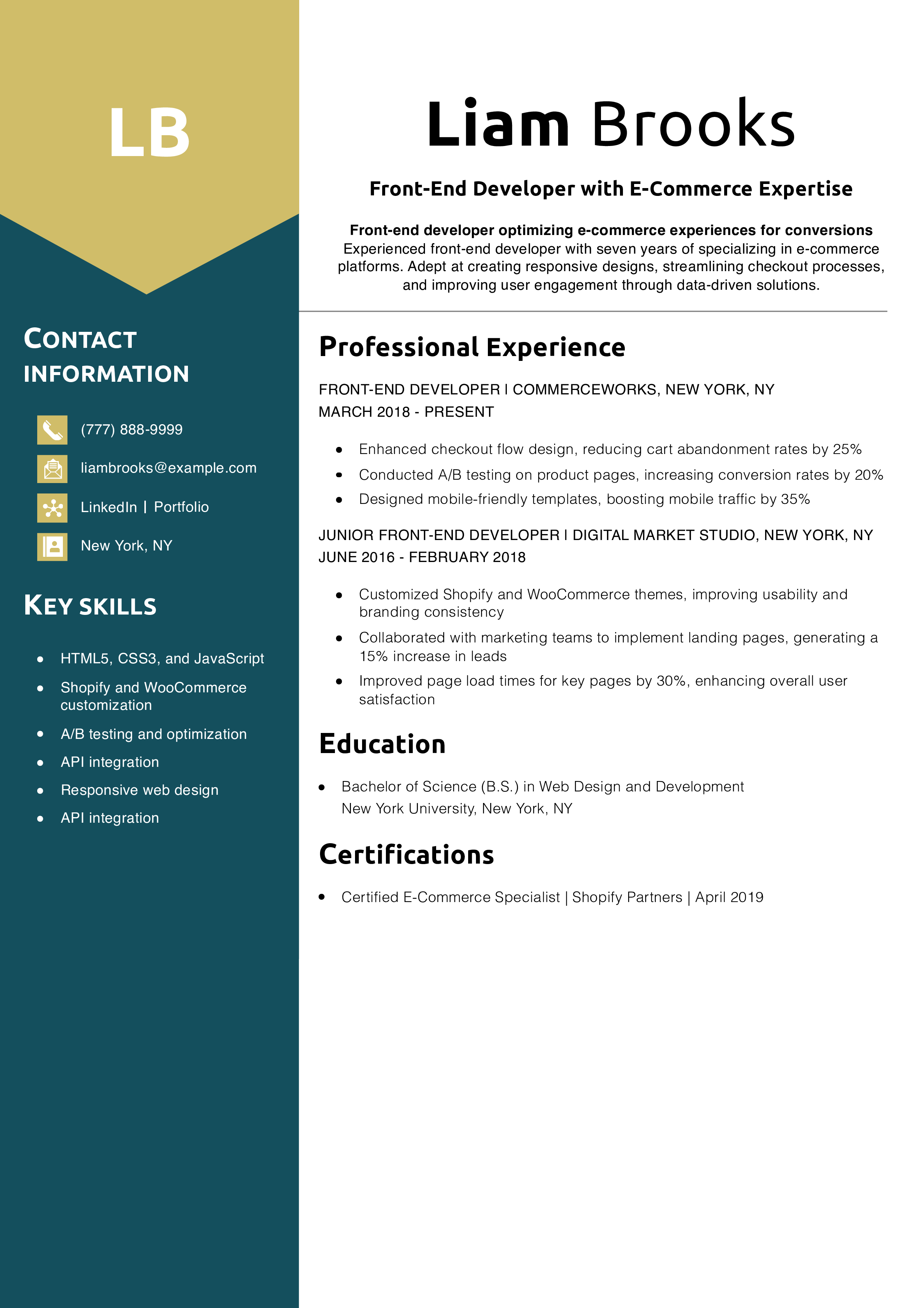 Front-End Developer with E-Commerce Expertise Resume Example