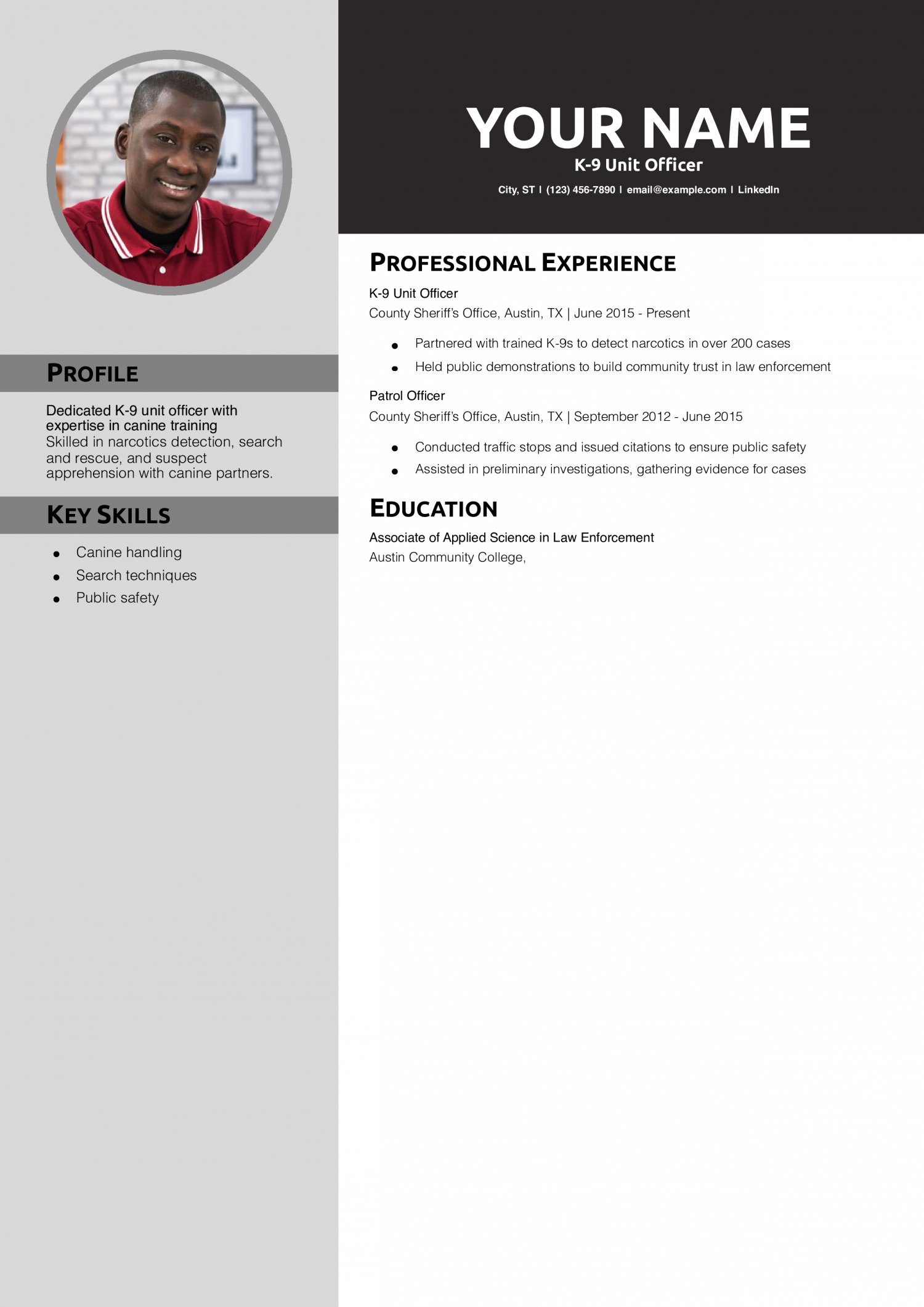 K-9 Unit Officer Resume Example