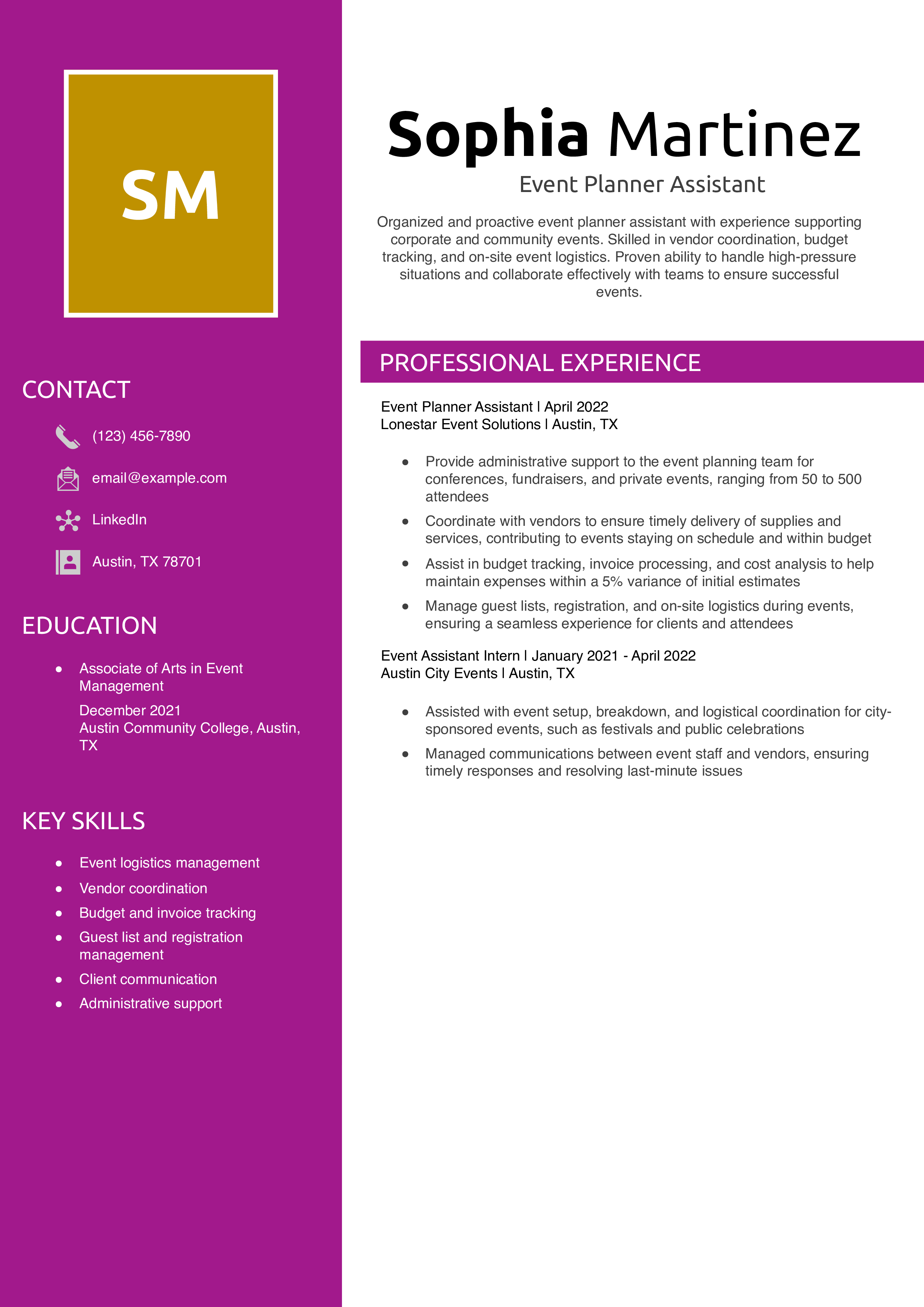 Event Planner Assistant Resume Example