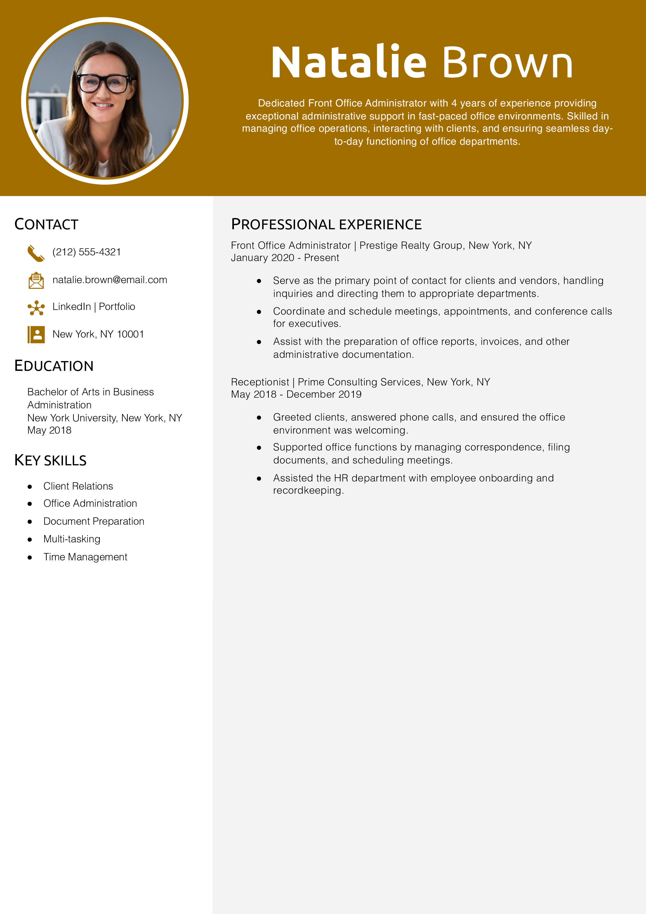 Front Office Administrator Resume Example