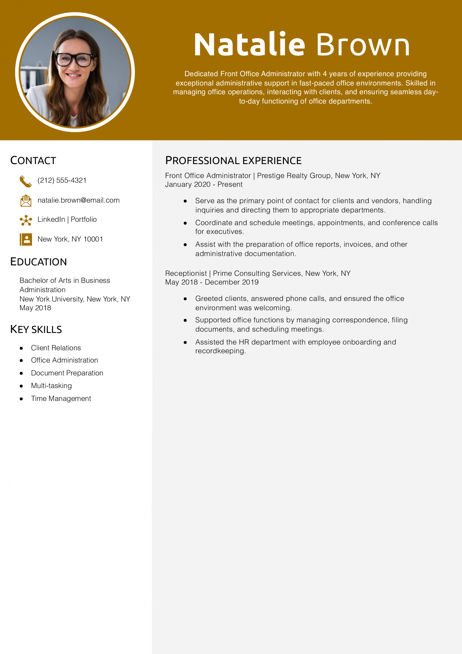 Front Office Administrator Resume Example
