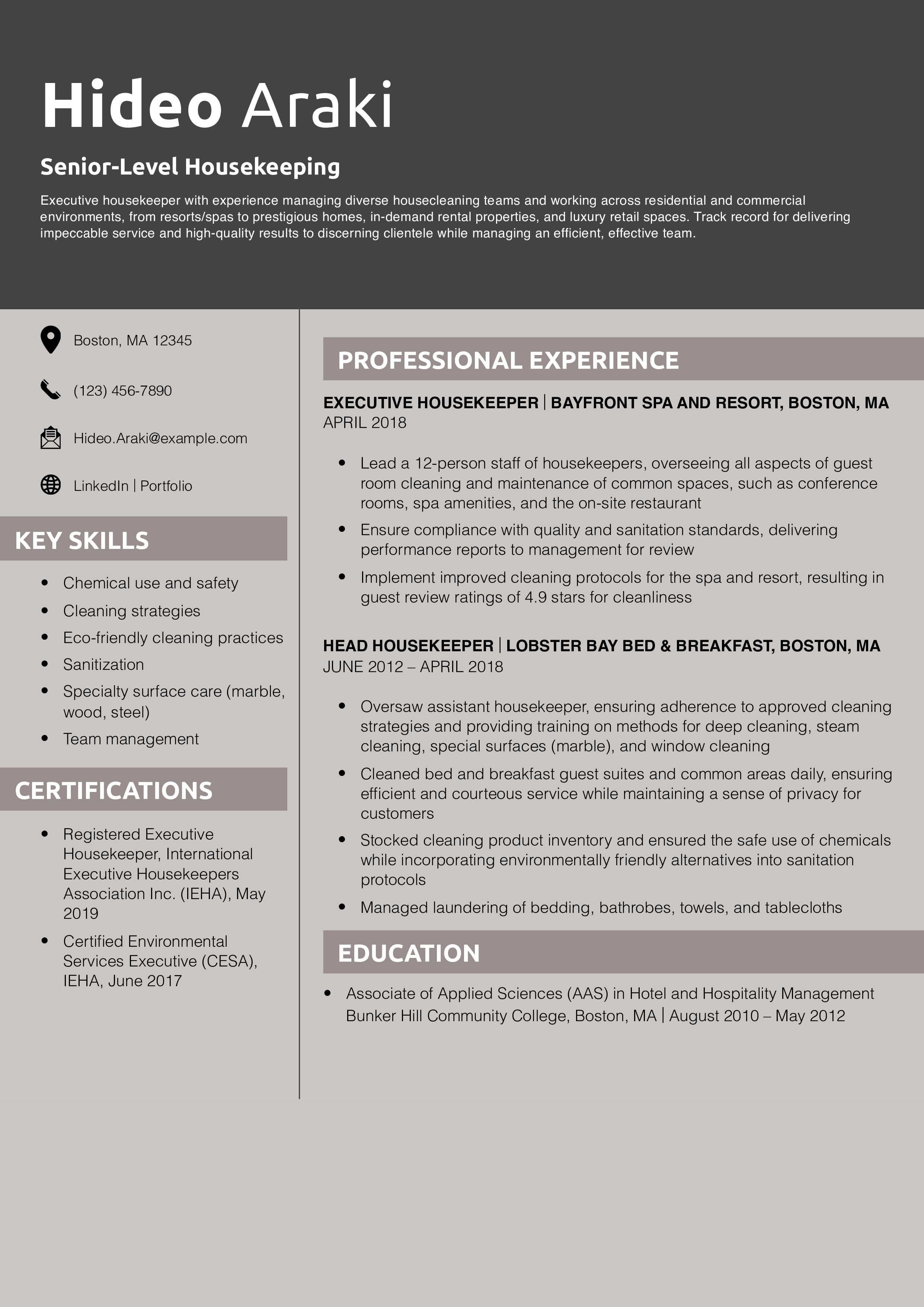 Senior-Level Housekeeping Resume Example