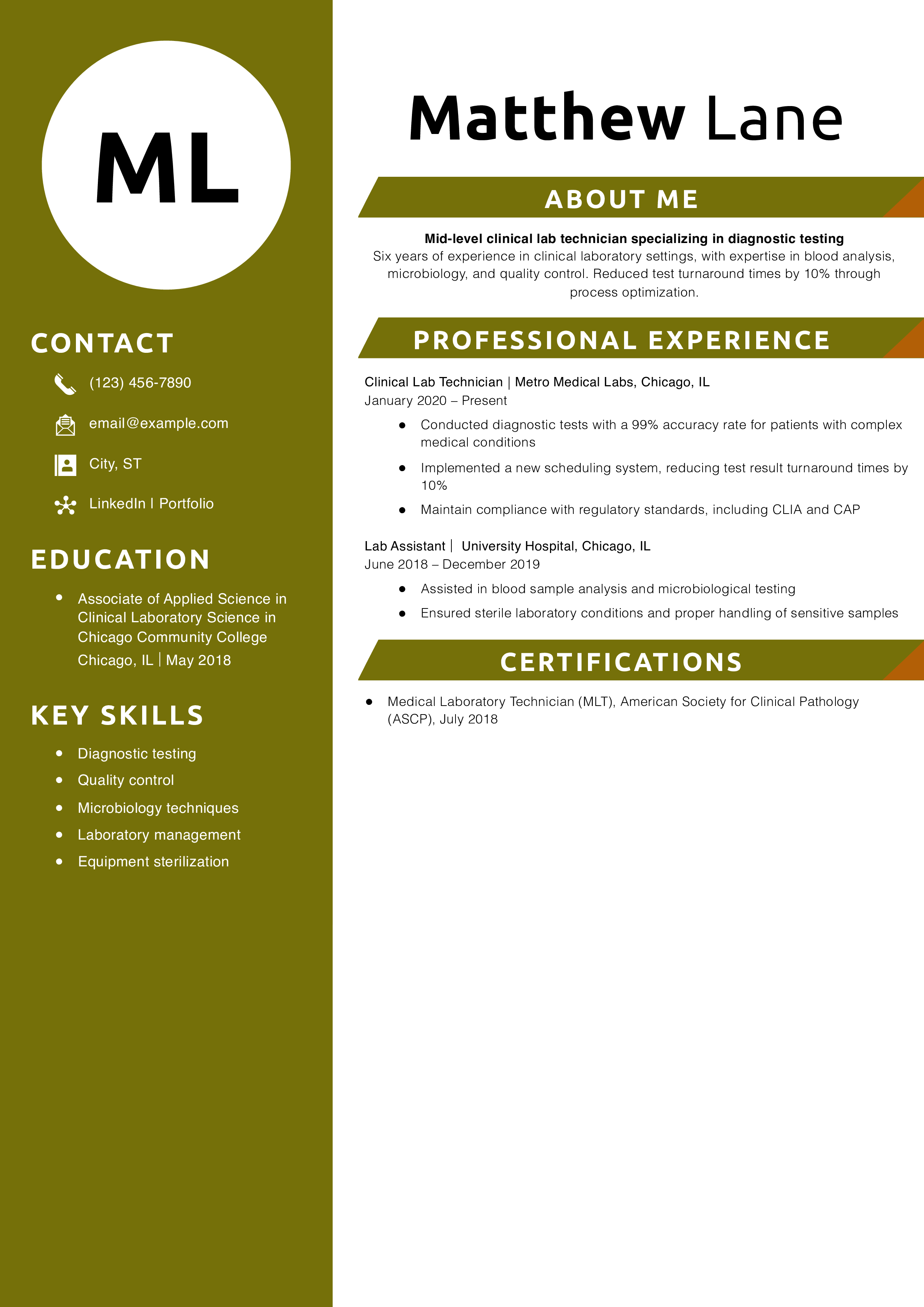 Mid-Level Clinical Lab Technician Resume Sample