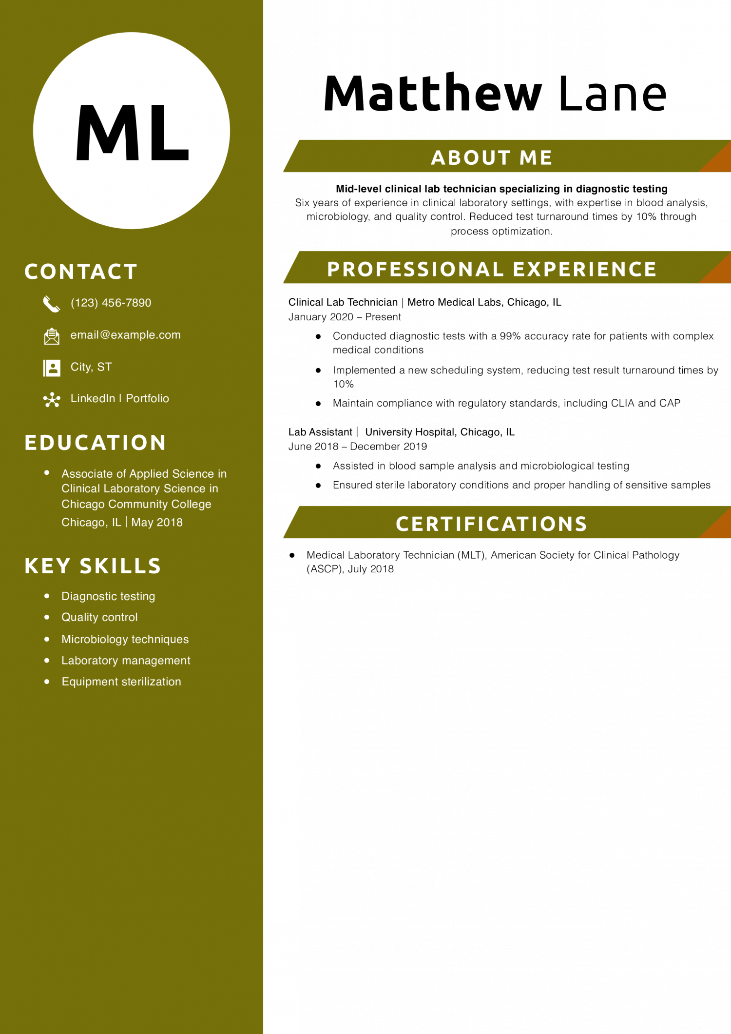 Mid-Level Clinical Lab Technician Resume Sample