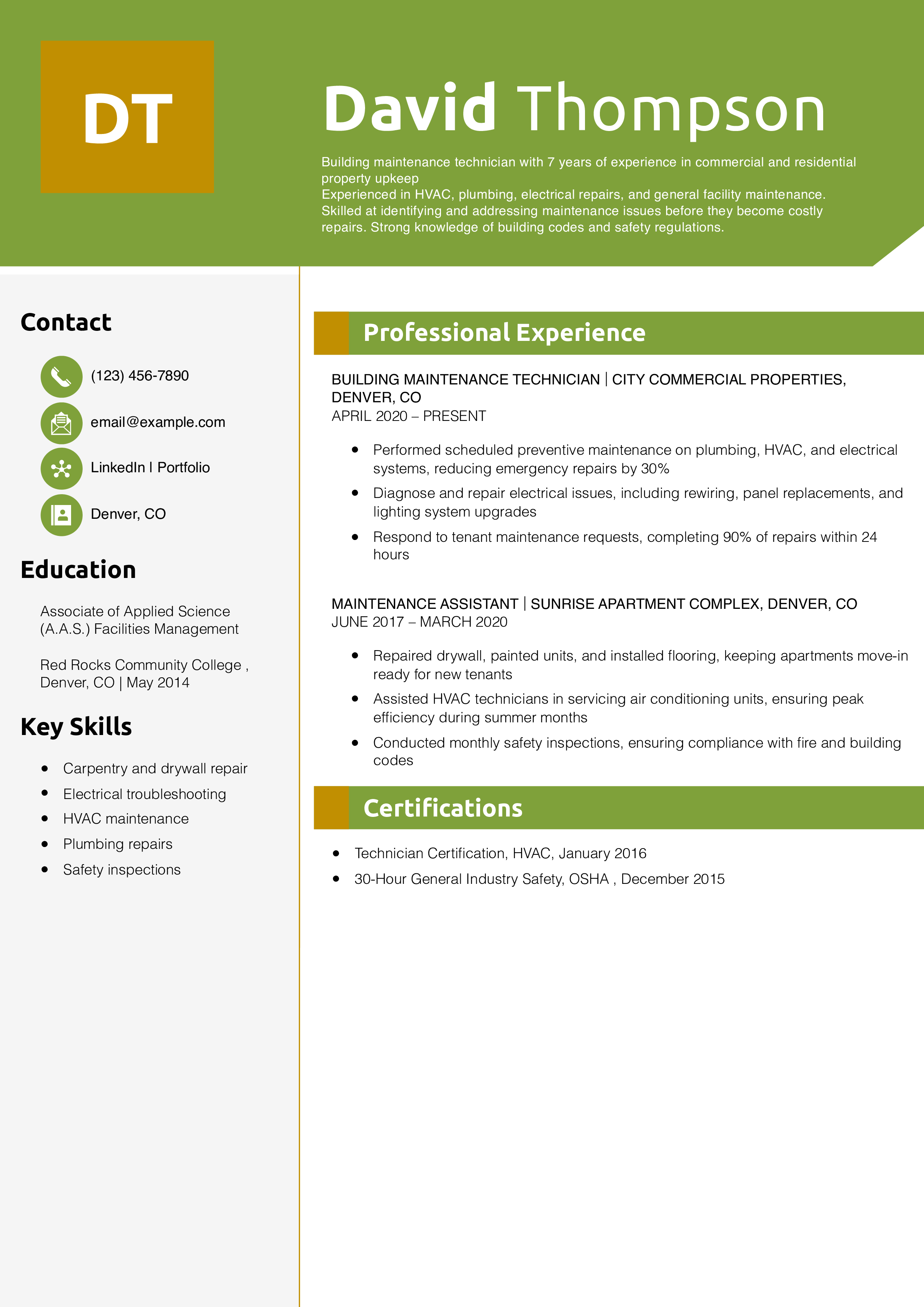 Building Maintenance Technician Resume Example