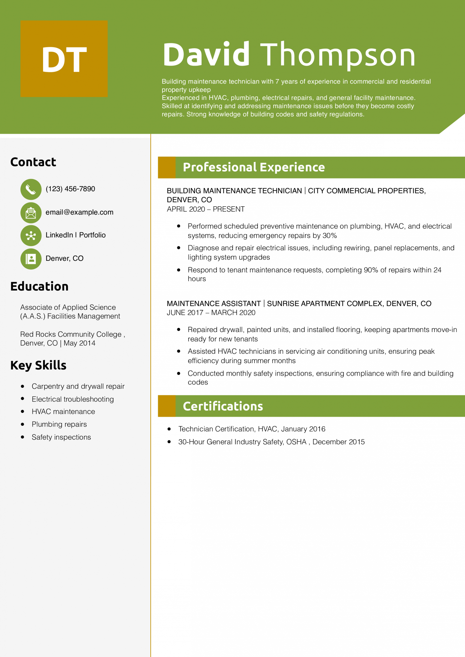  Building Maintenance Technician Resume Example