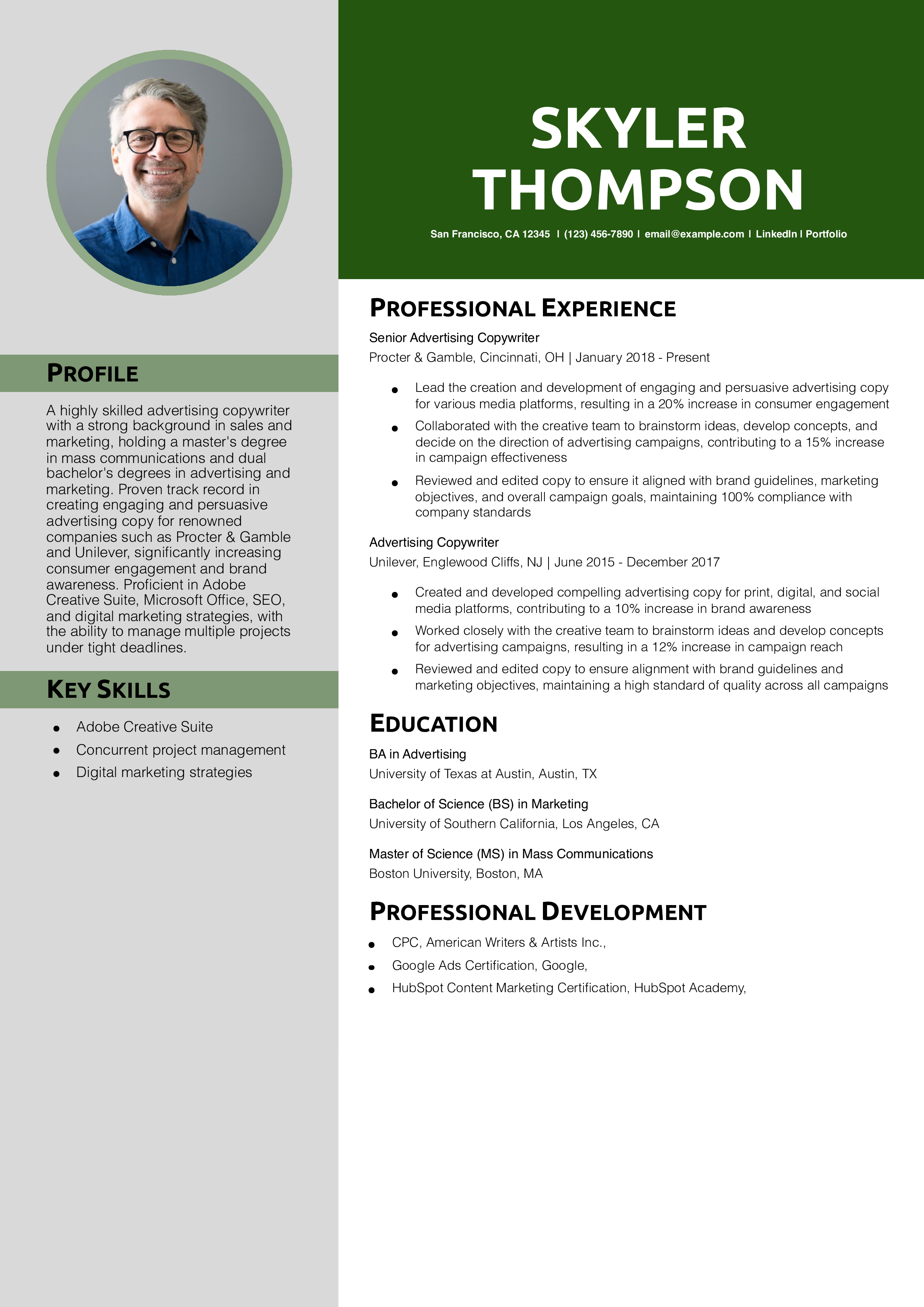 Advertising Copywriter Resume Example