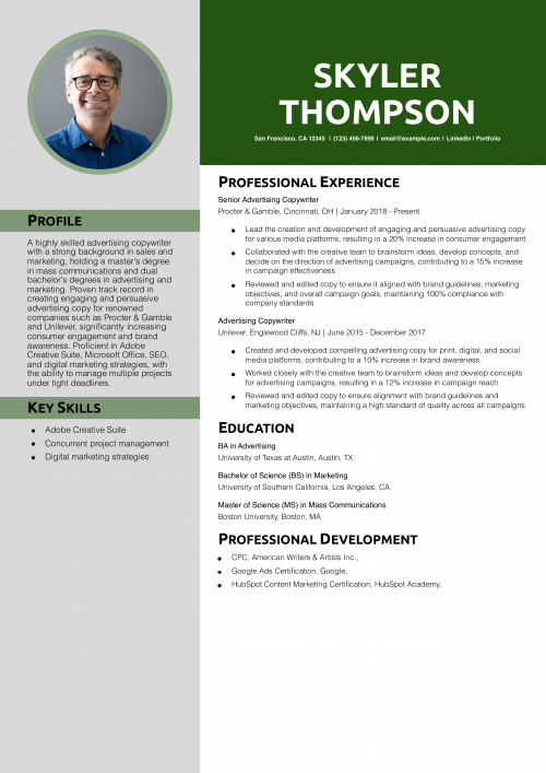 Advertising Copywriter Resume Example