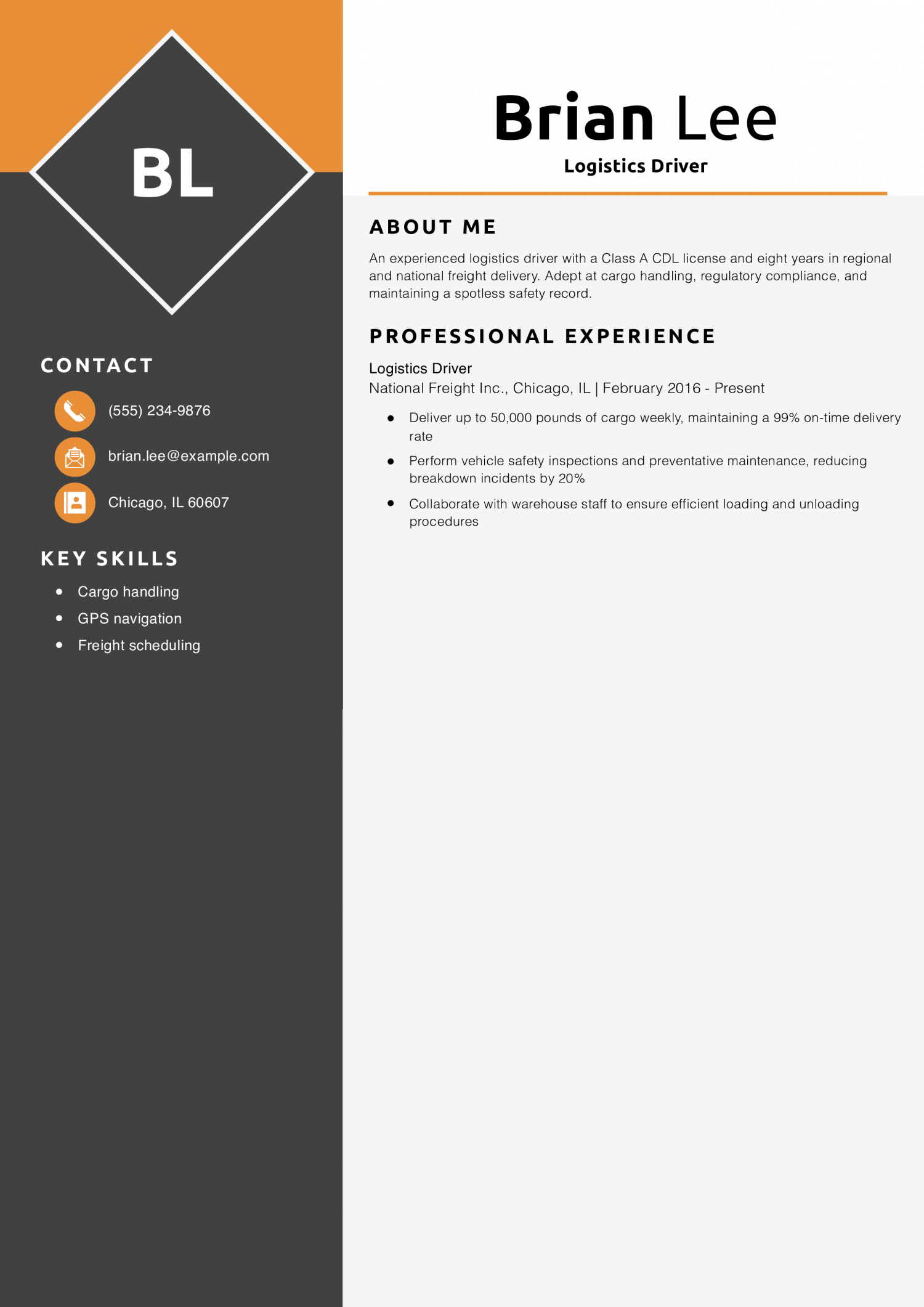 Logistics Driver Resume Example