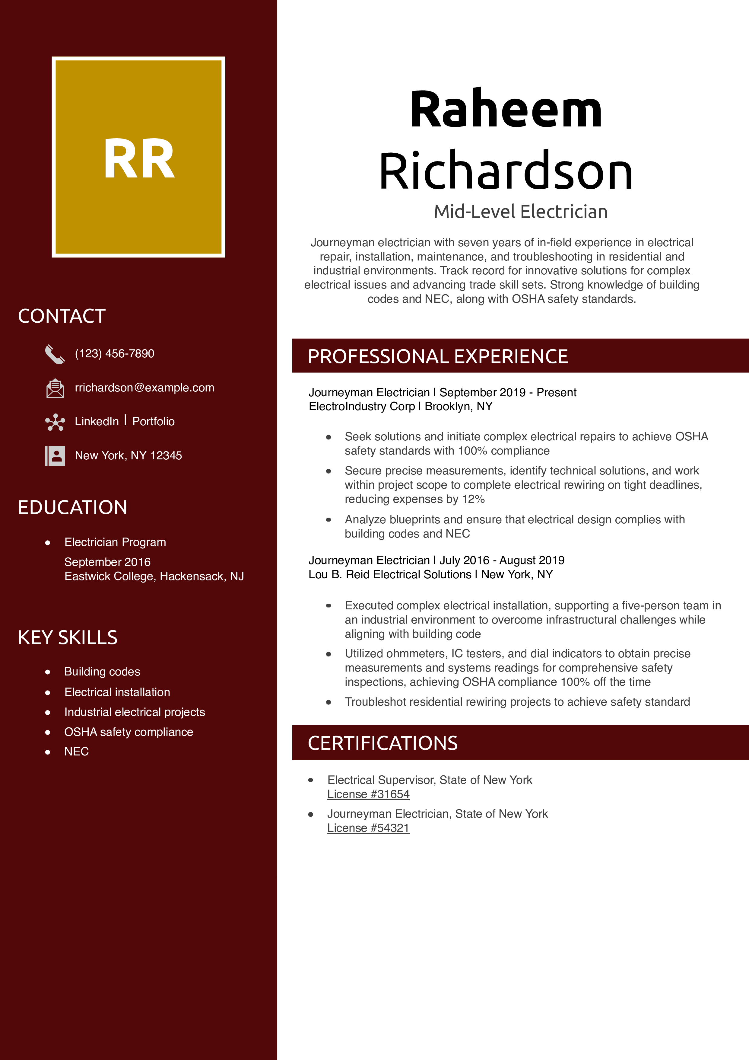Mid-Level Electrician Resume Example