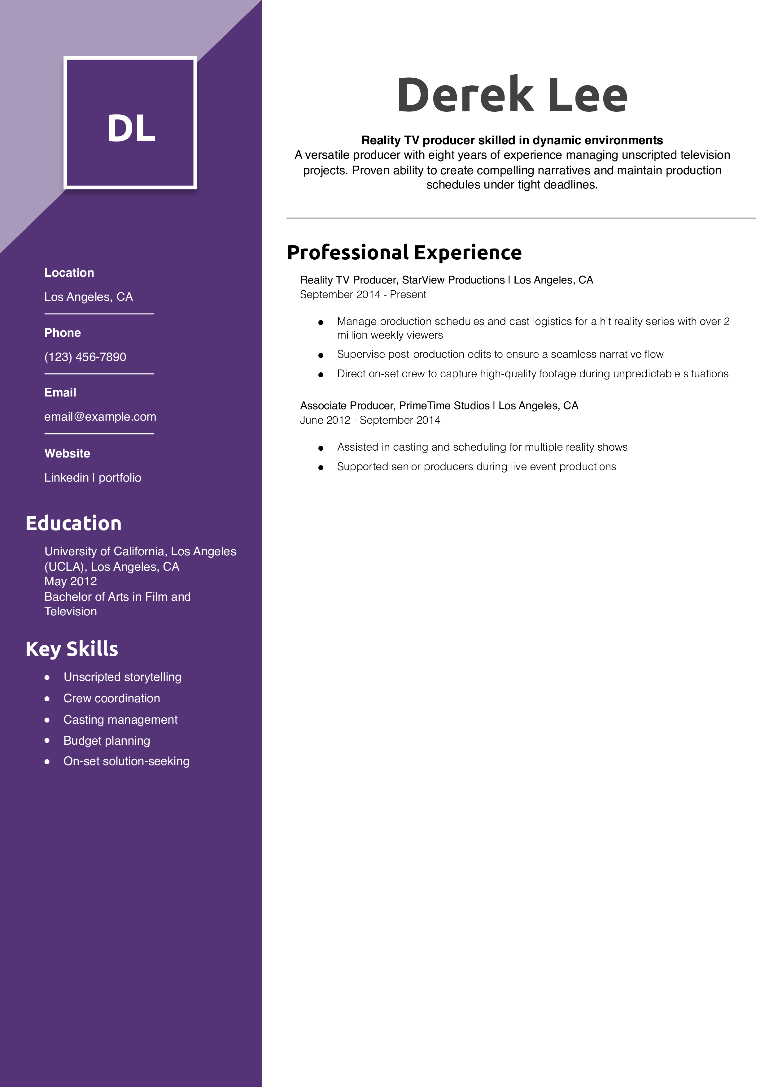 Reality TV producer resume