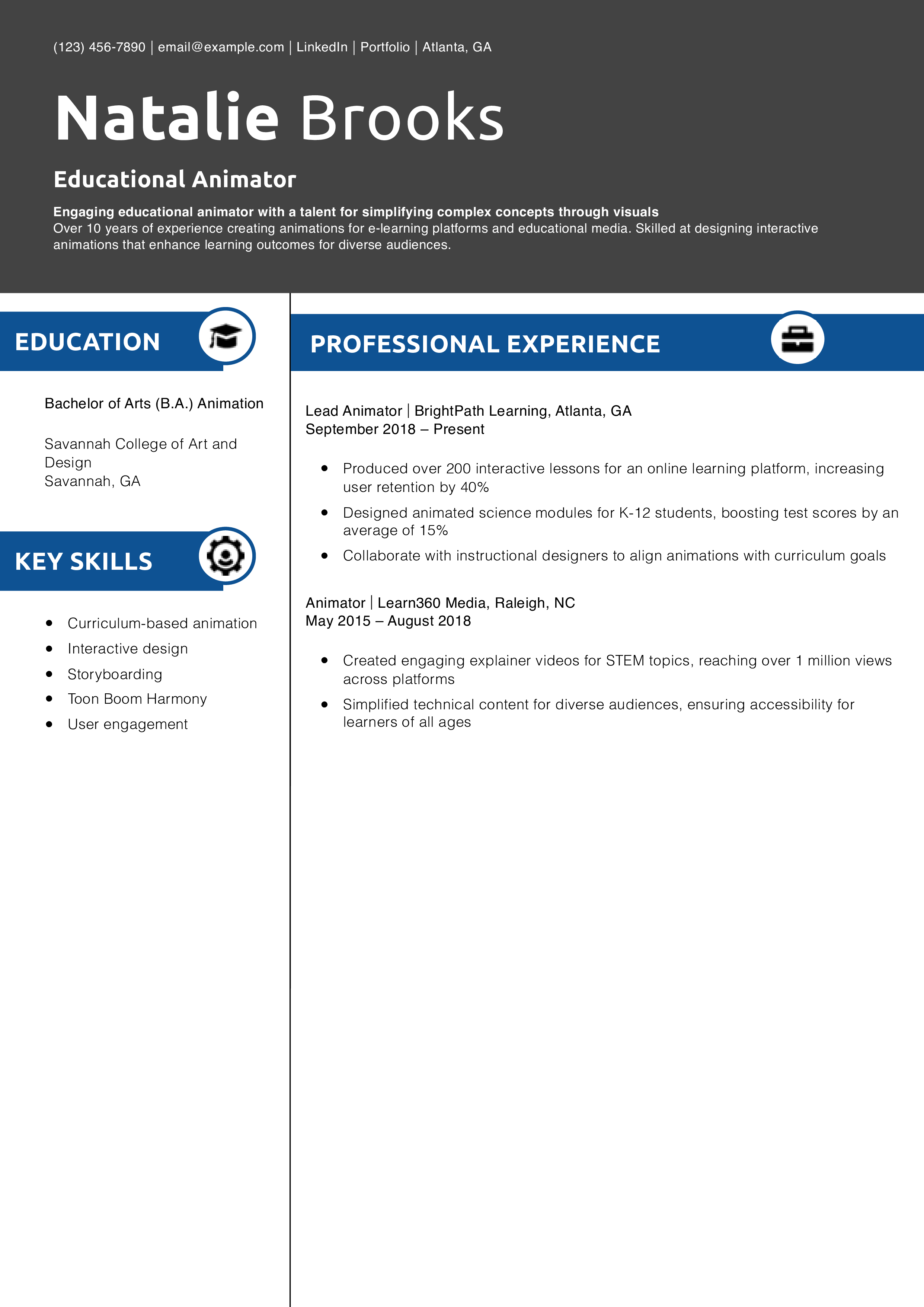 Educational Animator Resume Example